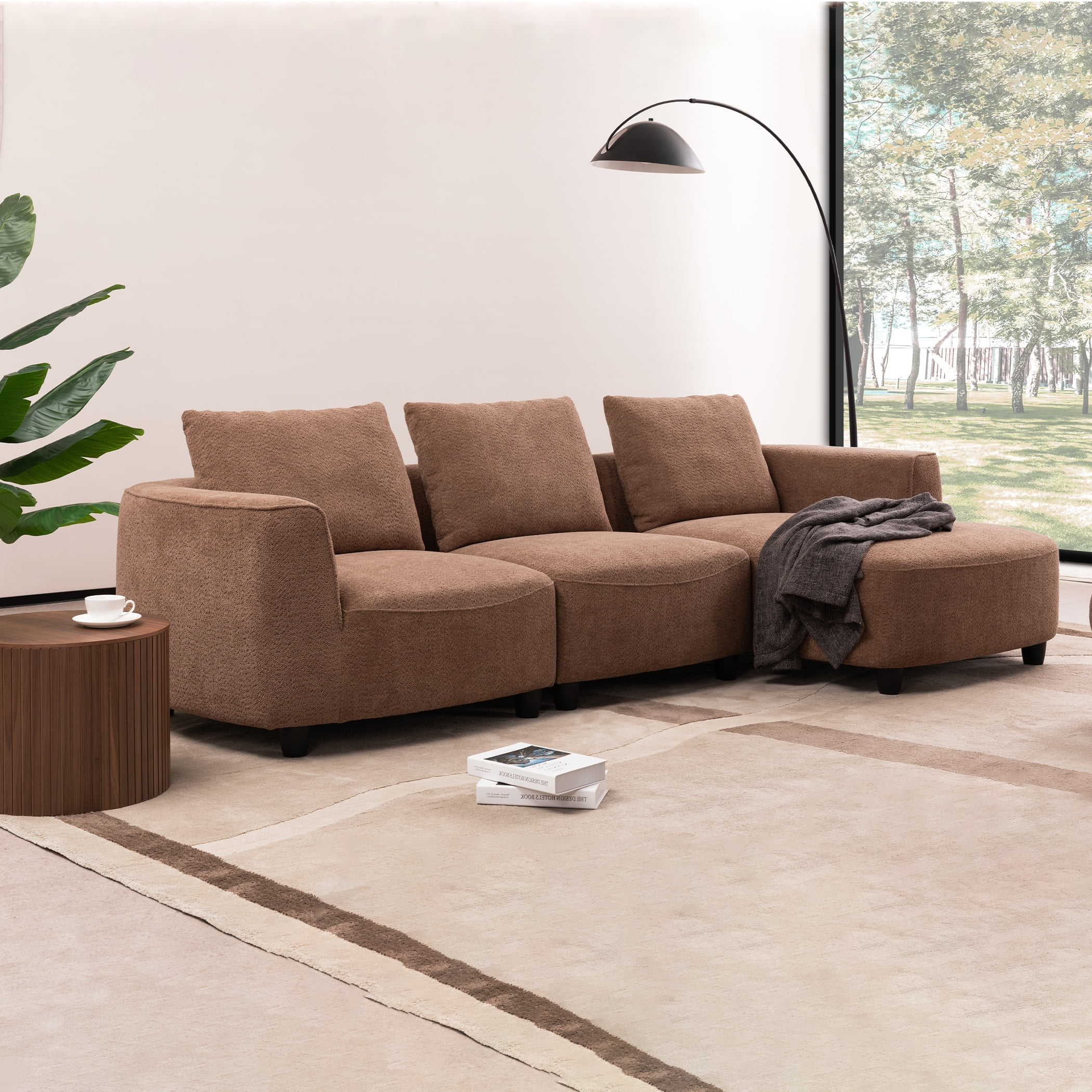 MAYEERTY Mid-century modern sofa, three seat sofa with Recliner, living room, bedroom, living room, camel color