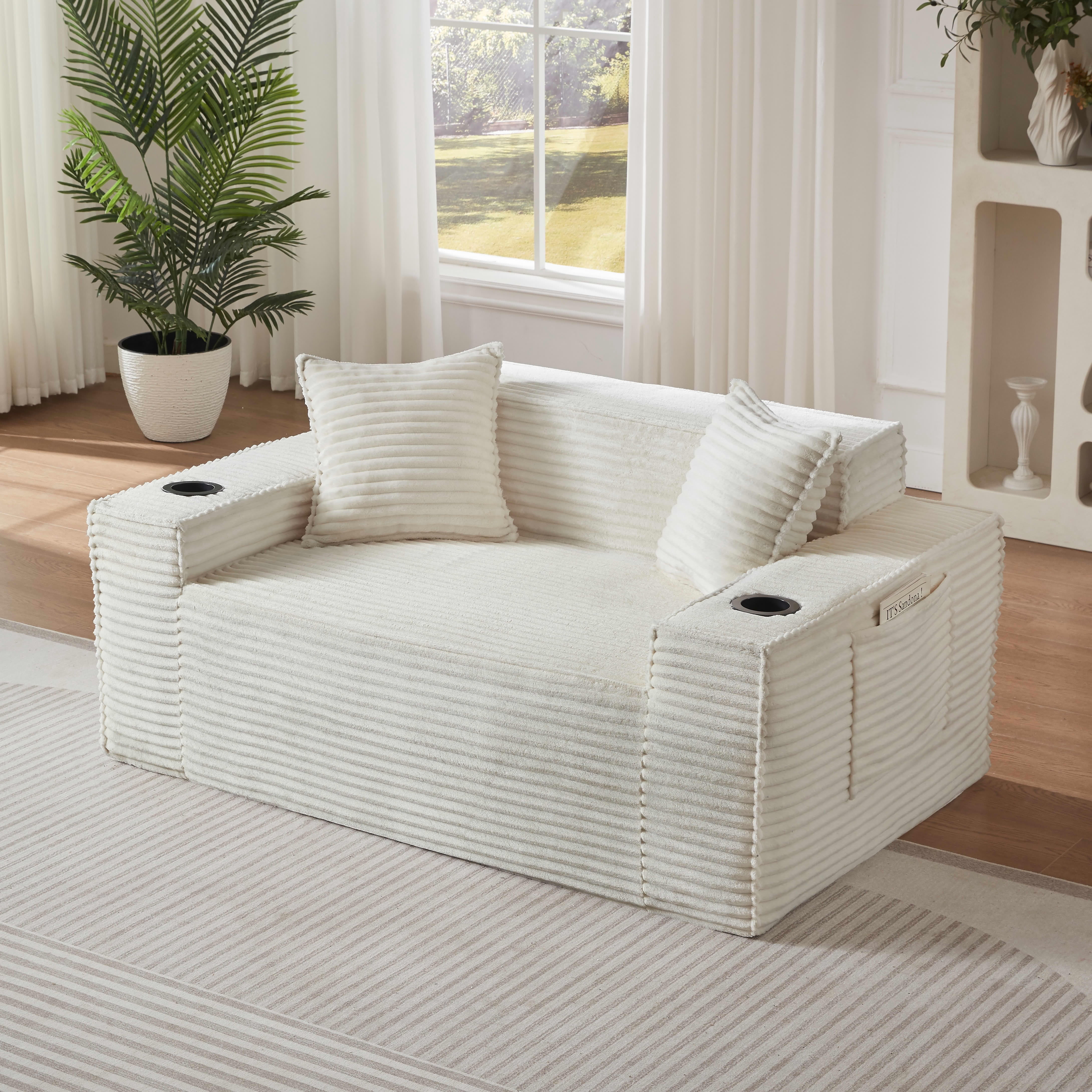 MAYEERTY Minimalist Corduroy Boneless Couch with Side Pockets & Cup Holders for Compact Living Room, White