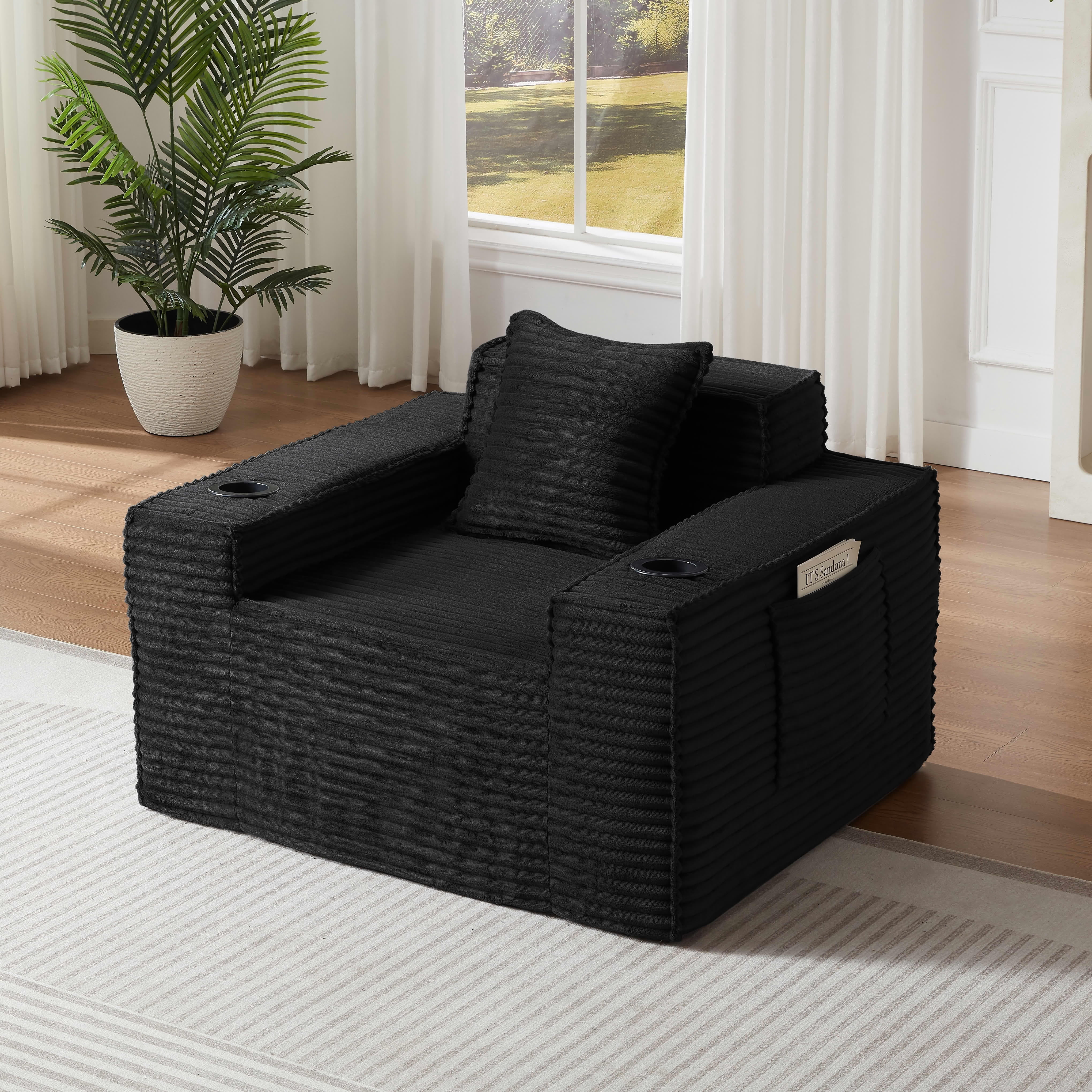 MAYEERTY Minimalist Corduroy Couch, 1-Seater Boneless Sofa with Side Pockets & Cup Holders for Apartments/Offices, Black