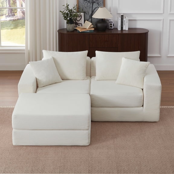 MAYEERTY Minimalist Corduroy Modular Sectional Cloud Sofa - Boneless Sleeper Couch for Customizable Living Spaces, White