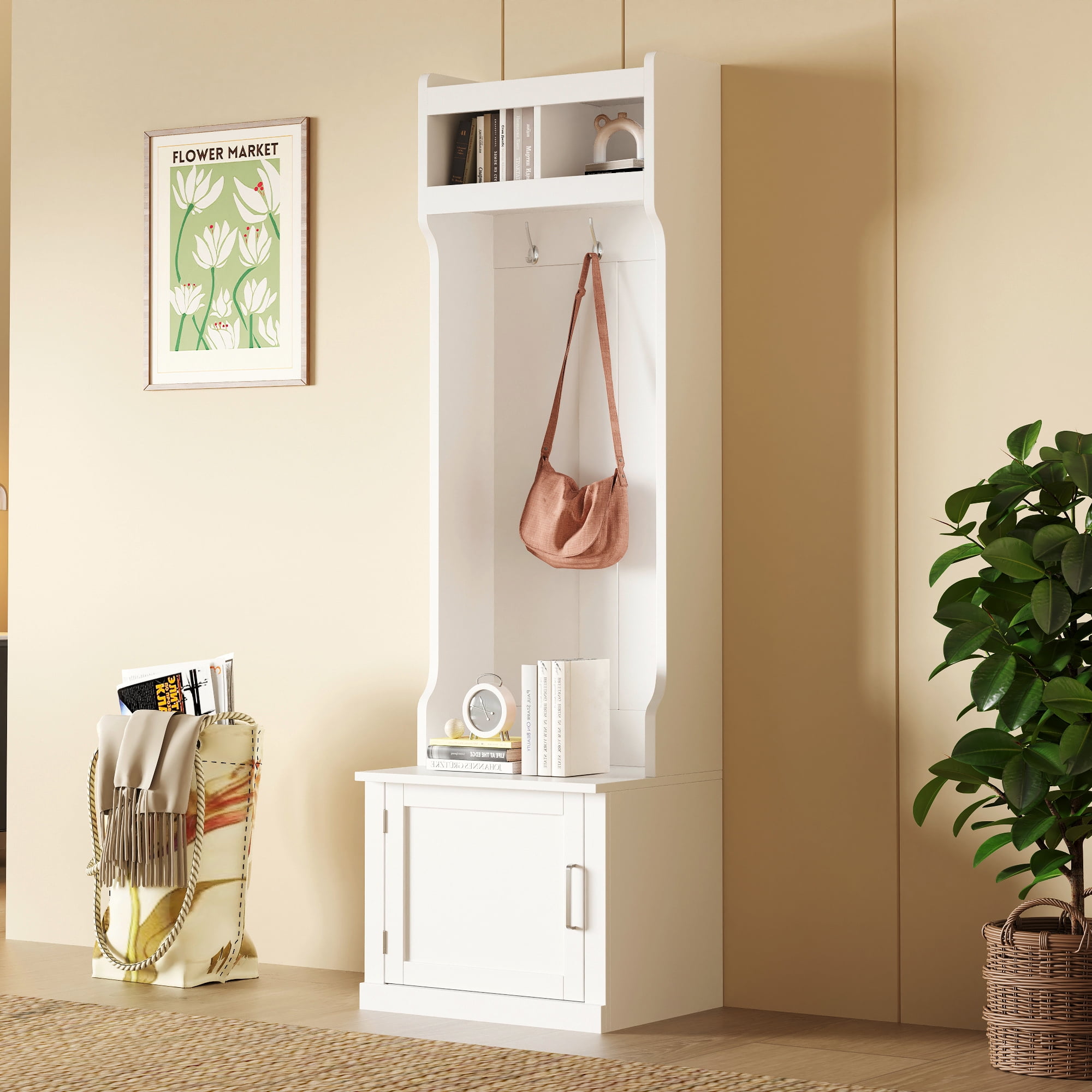 MAYEERTY Minimalist Hall Tree: Slim Cabinet, Multi-functional Storage Bench with Coat Rack, 6 Hooks, White