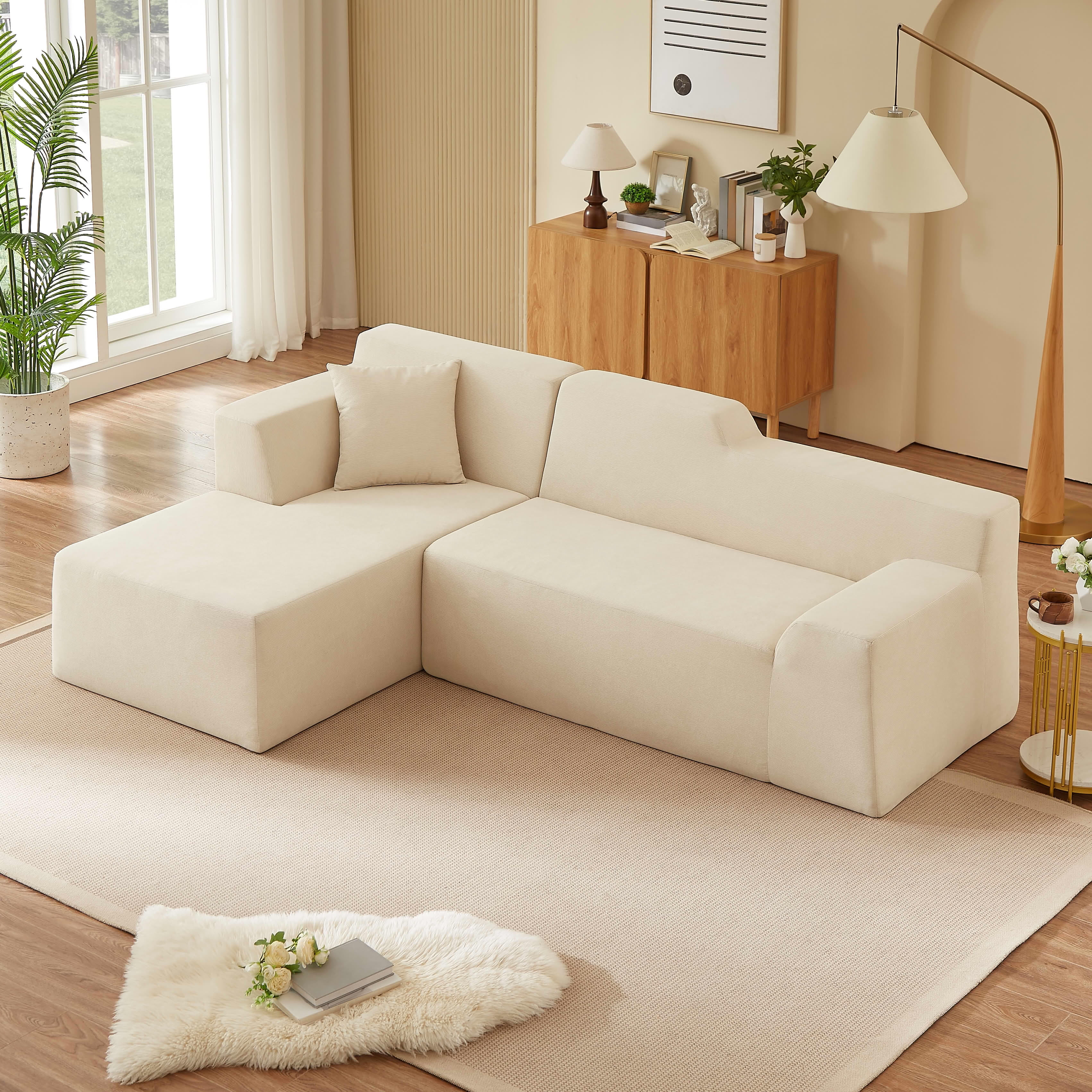 MAYEERTY Minimalist L-Shaped Corduroy Sofa with Geometric High Backrest for Living Room, 96" Beige