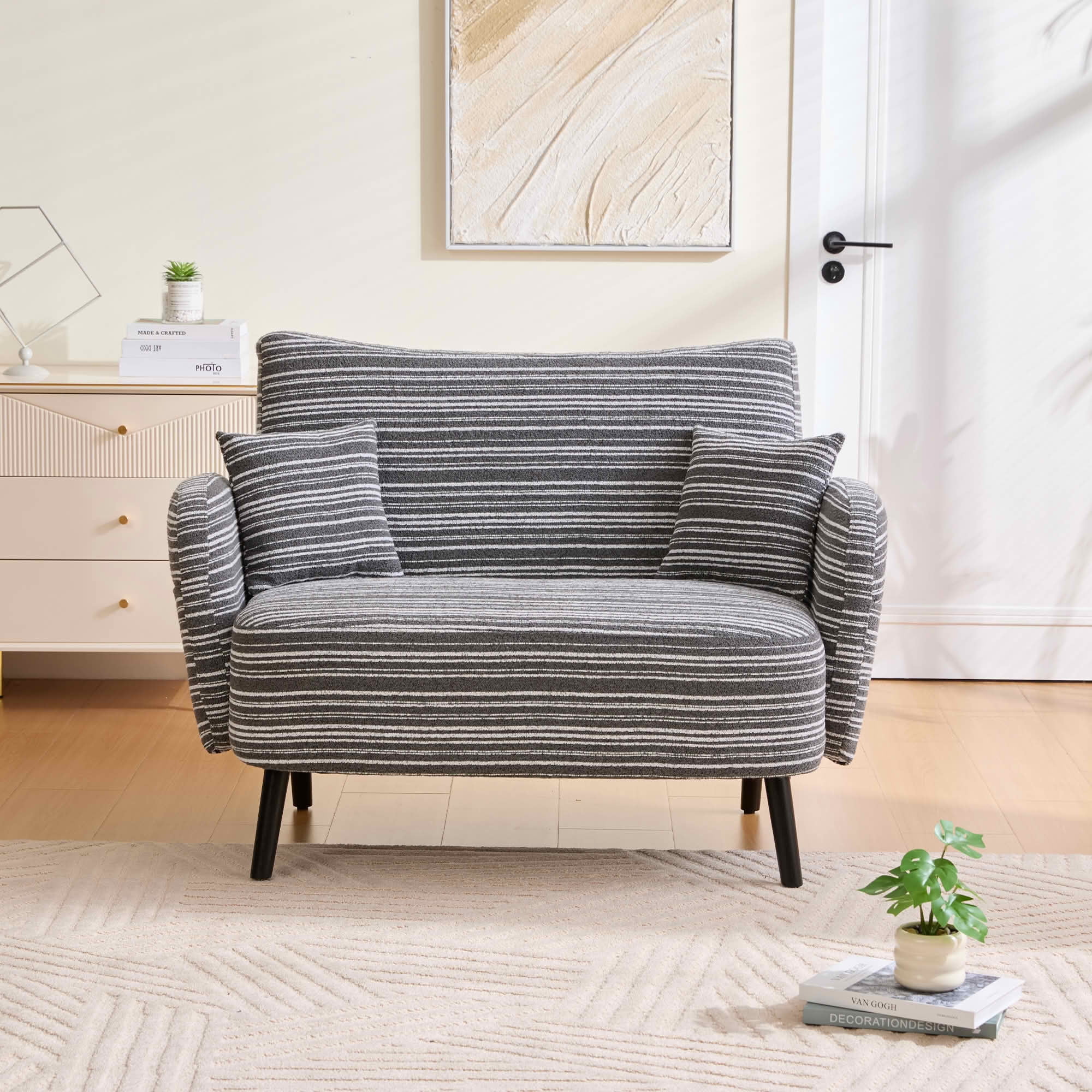 MAYEERTY Modern 2-Seat Deep Seat Loveseat, Fabric Couch with Storage Pockets & Arm Pillows for Small Apartment Bedroom