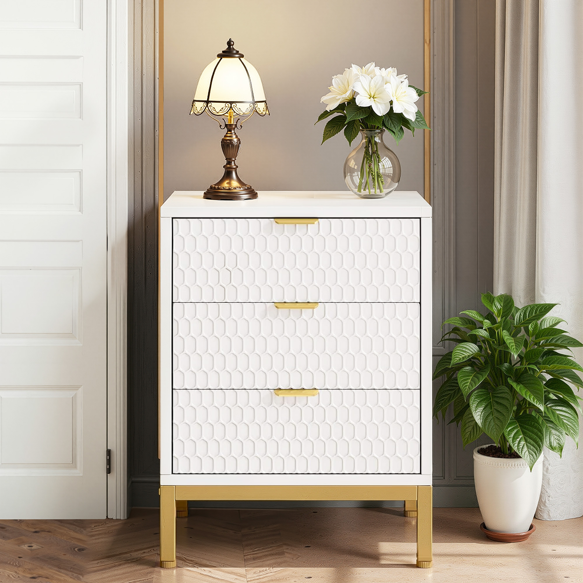 MAYEERTY Tall White Nightstand with 3 Glide Drawers, Honeycomb Hexagon Pattern & Gold Metal Base
