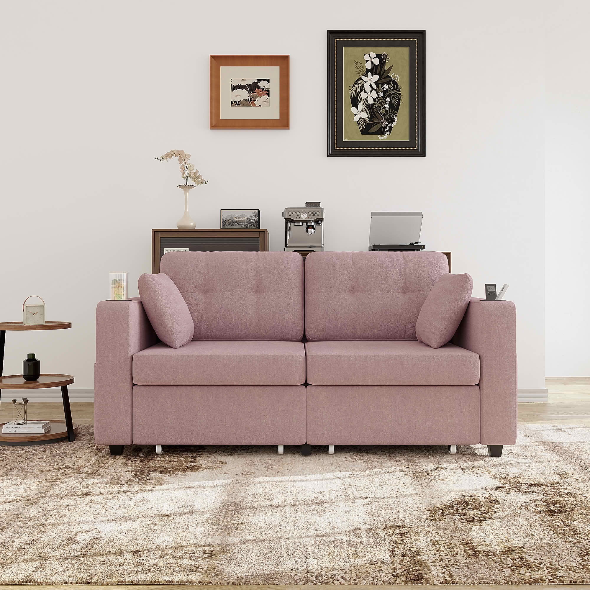 MAYEERTY Modern 3-Seat Chenille Sofa, Wood Frame Sectional Couch with USB Charging, Cup Holder & Storage Function for Home Small Space Living Room