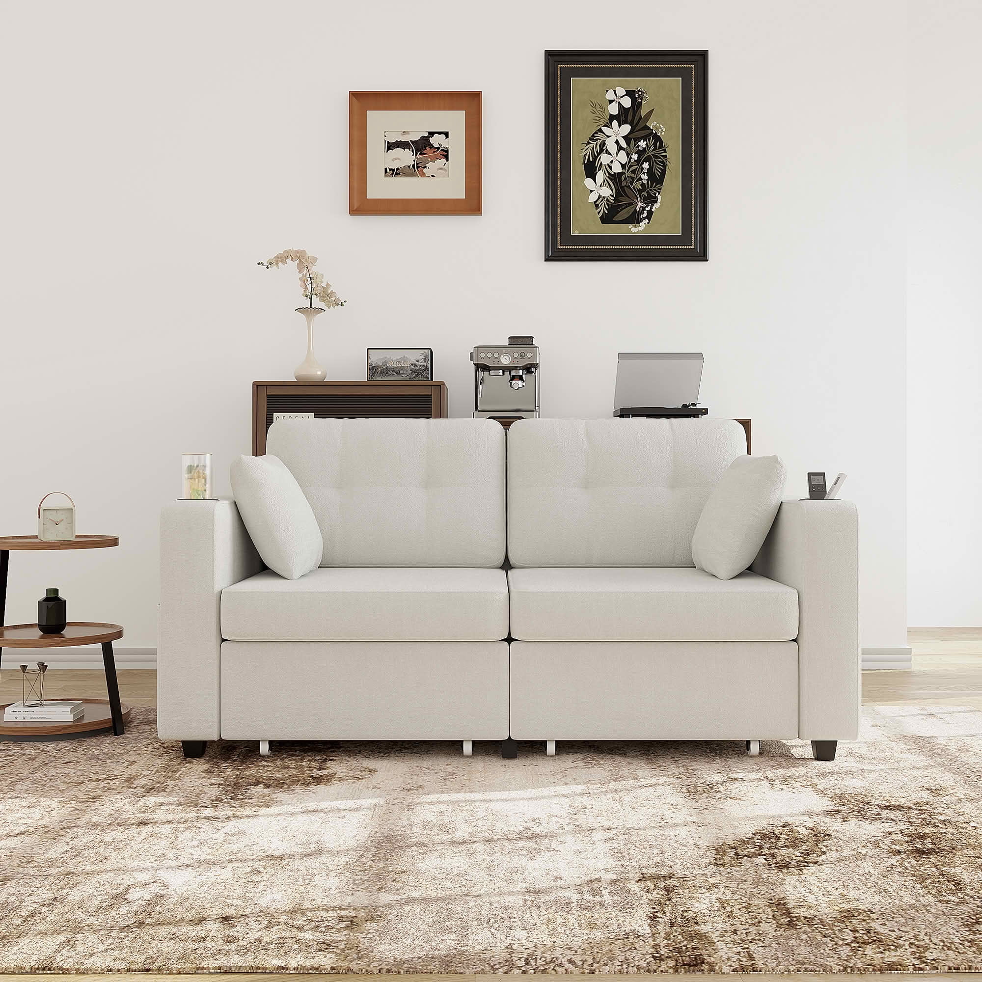 MAYEERTY Modern 3-Seat Chenille Sofa, Wood Frame Sectional Couch with USB Charging, Cup Holder & Storage Function for Home Small Space Living Room
