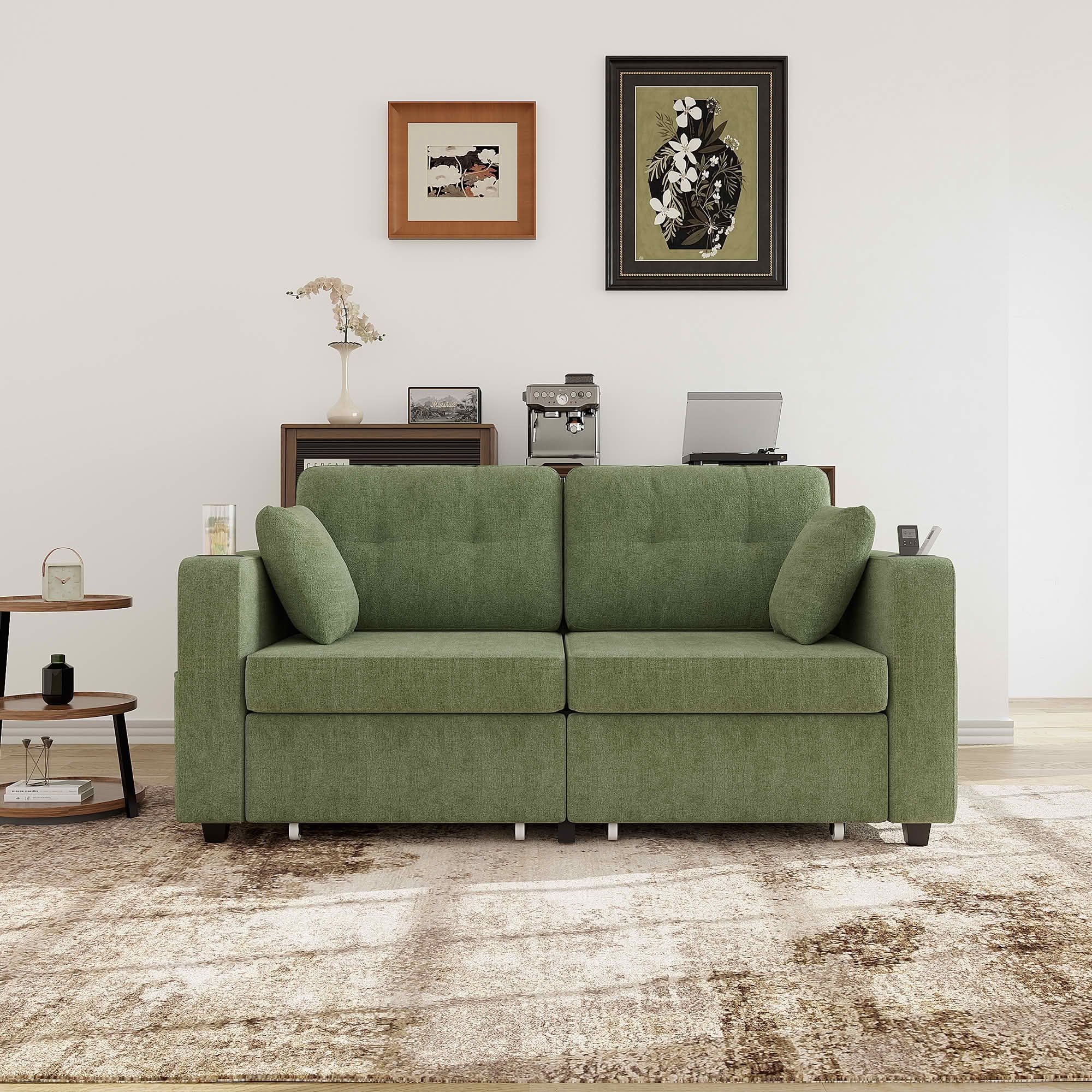 MAYEERTY Modern 3-Seat Chenille Sofa, Wood Frame Sectional Couch with USB Charging, Cup Holder & Storage Function for Home Small Space Living Room