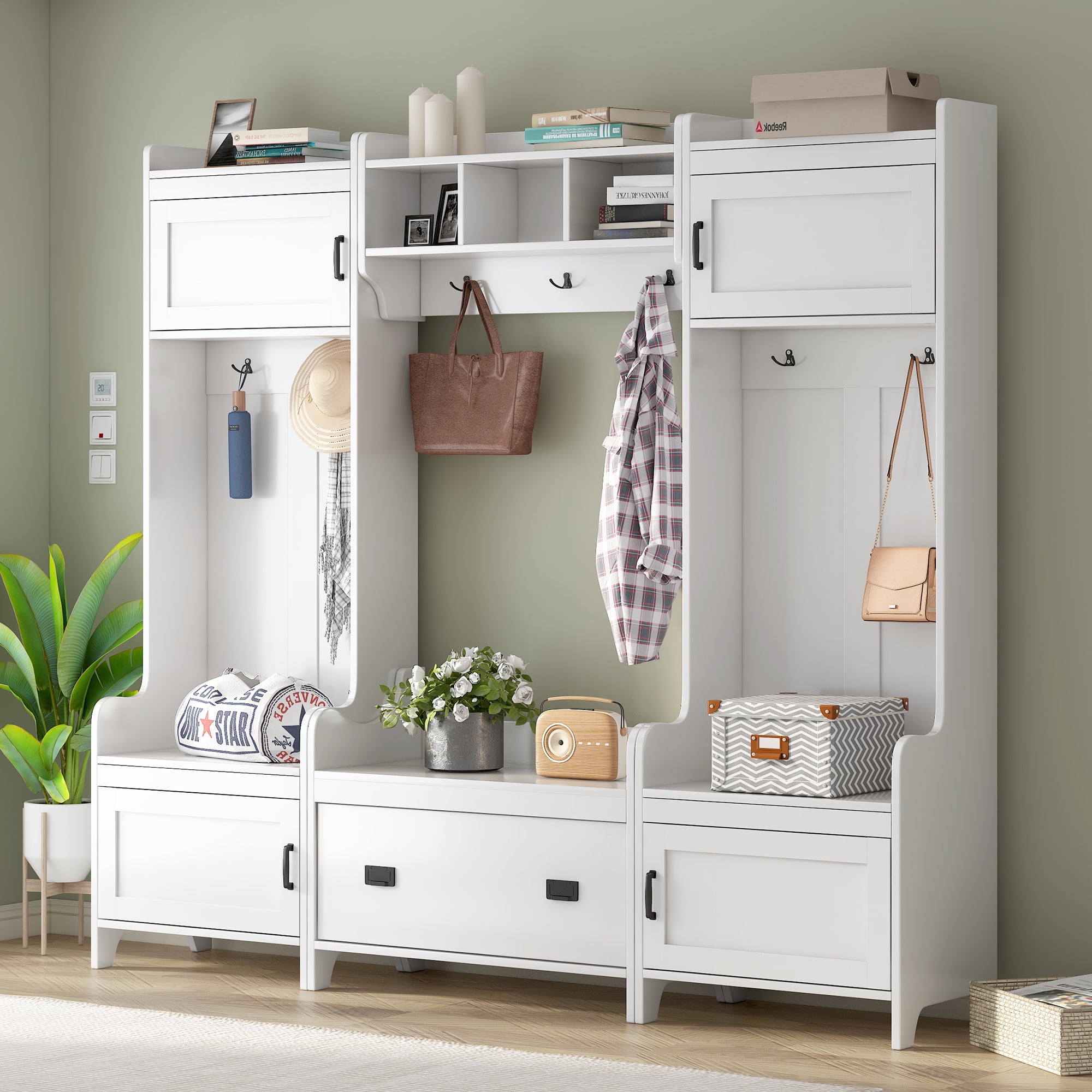 MAYEERTY Modern 4-in-1 Hallway Coat Rack: Bench, Storage Drawer, 7 Hooks, White