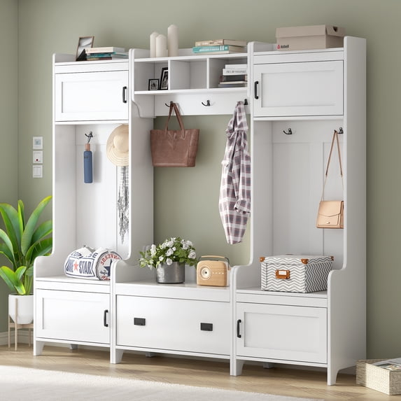 MAYEERTY Modern 4-in-1 Hallway Coat Rack: Bench, Storage Drawer, 7 Hooks, White