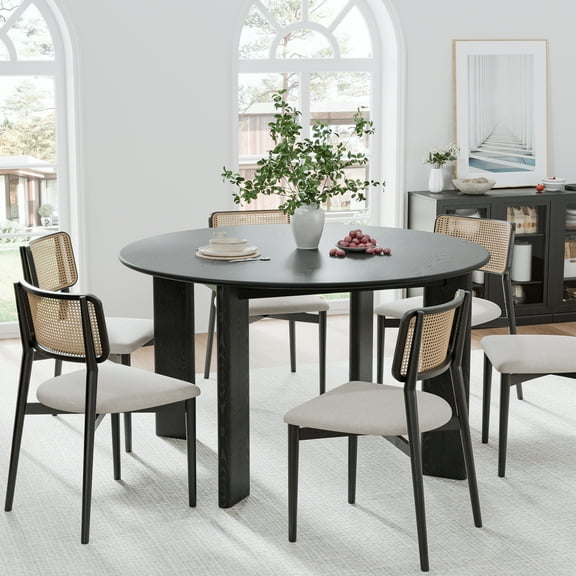 MAYEERTY Modern 52*52*30" Black Round Dining Table with Inclined Legs, Seats 6
