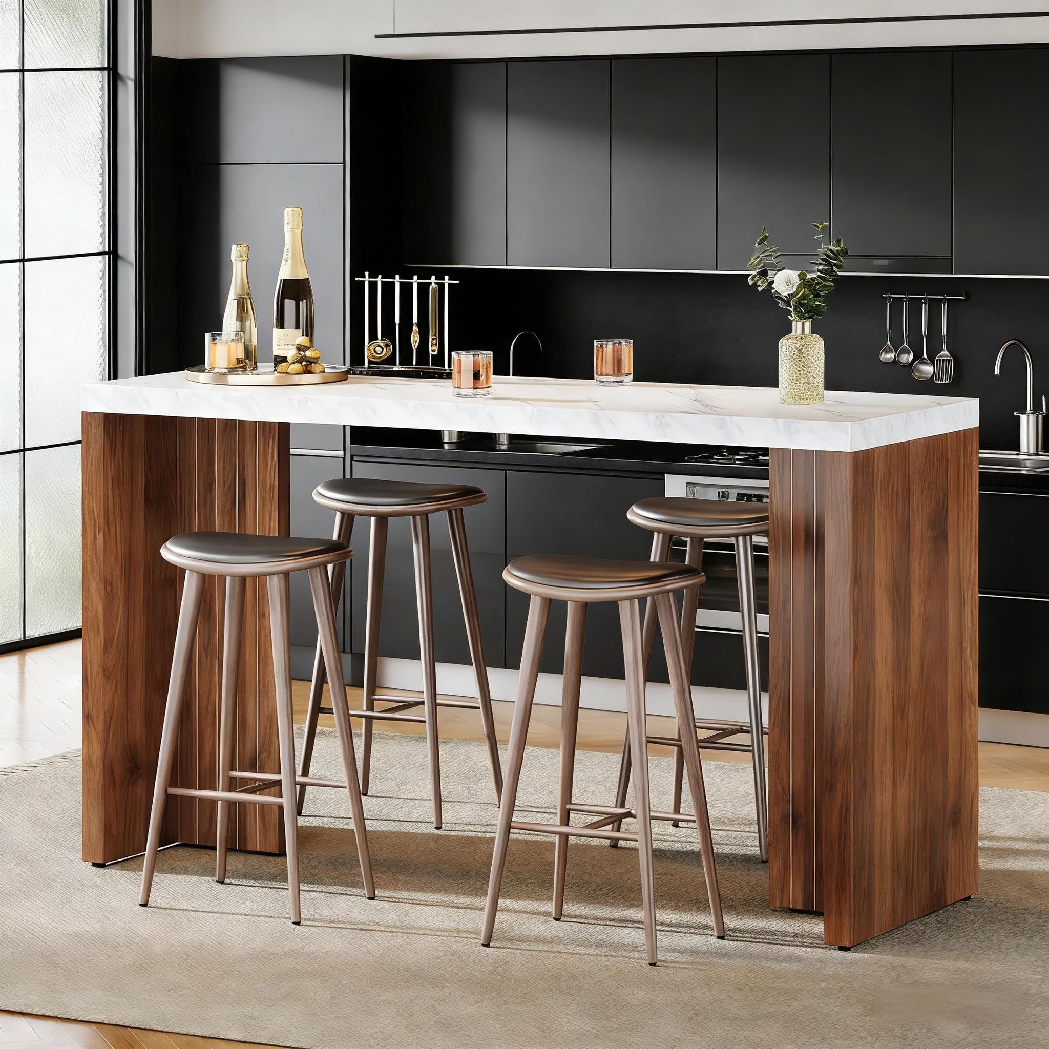MAYEERTY Modern 55" Bar Table, Pub Tables with Faux Marble Top and Wood Legs, Home Bar Dining Table for Living Room, Kitchen, Dining Room