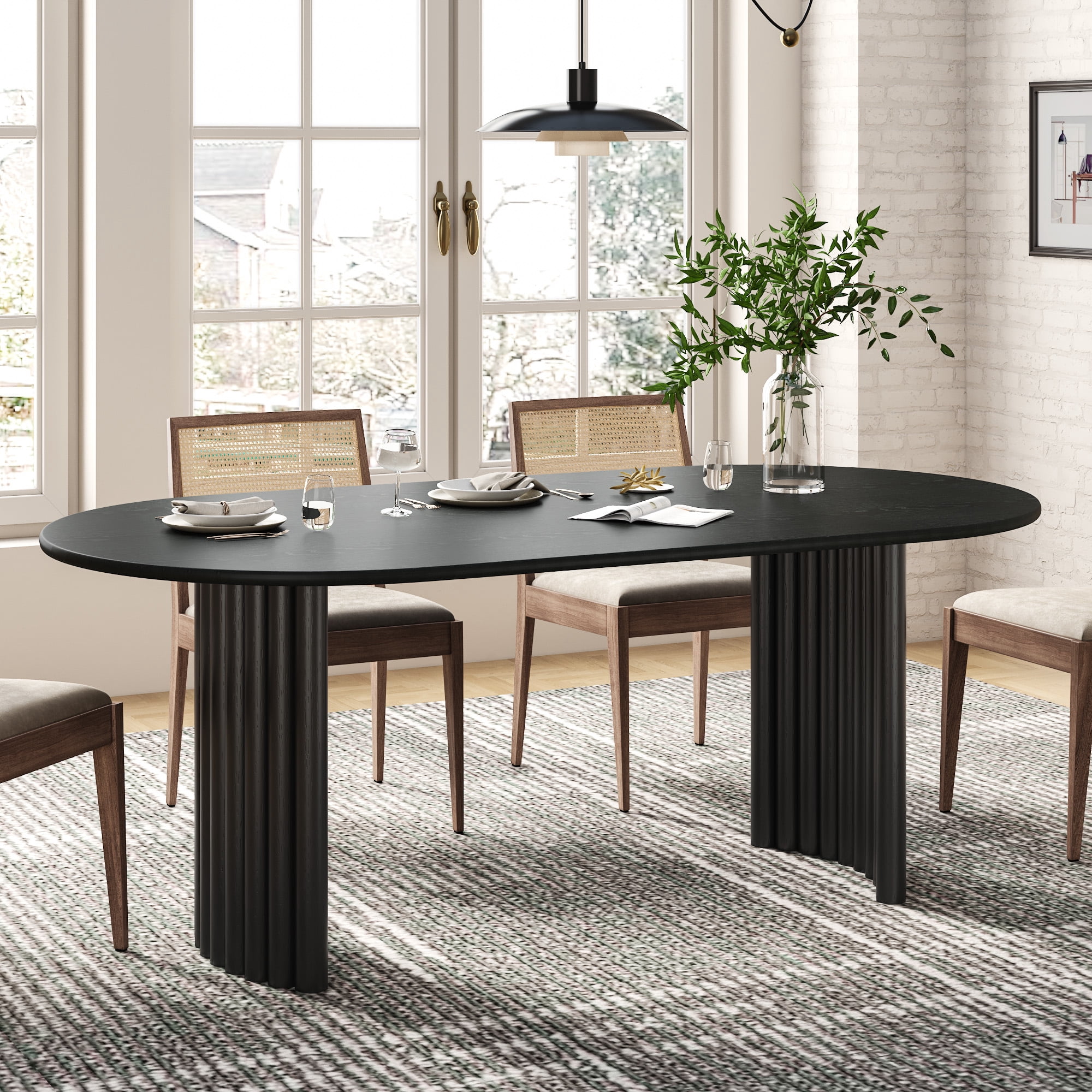 MAYEERTY Modern 67*33.5*30" Oval Black Dining Table with Arc - shaped Fine - Striped Legs, Seats ...