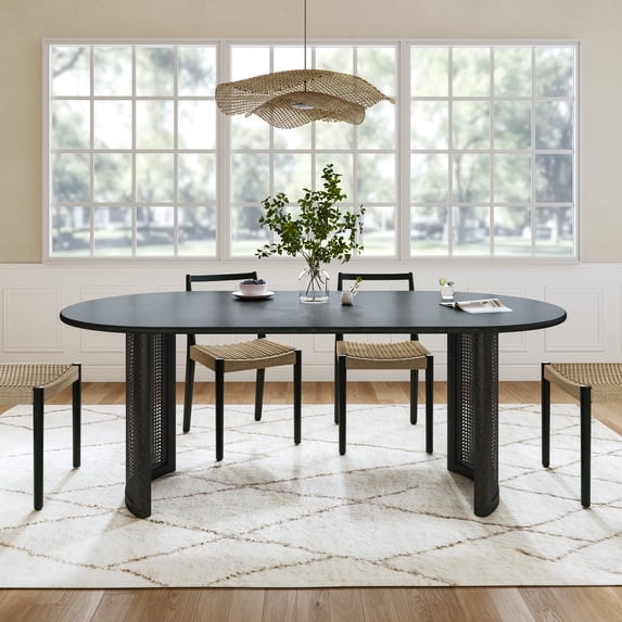 MAYEERTY Modern 67*33.5*30" Oval Black Dining Table with Arc - shaped Rattan Legs, Seats 6