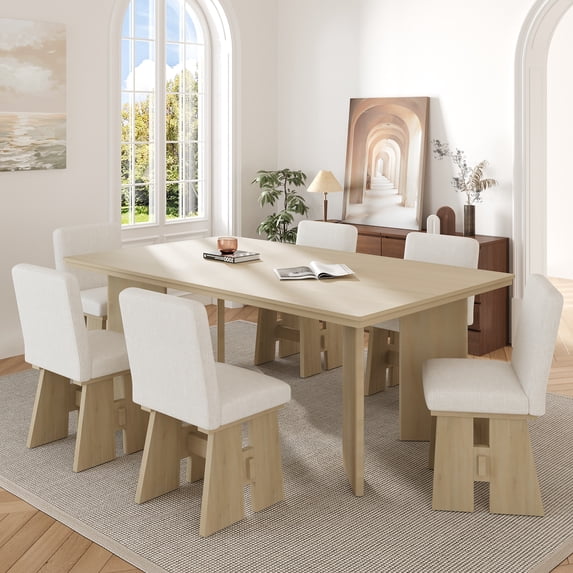 MAYEERTY Modern 7-Piece Dining Table Set with 6 Upholstered Chairs, Natural