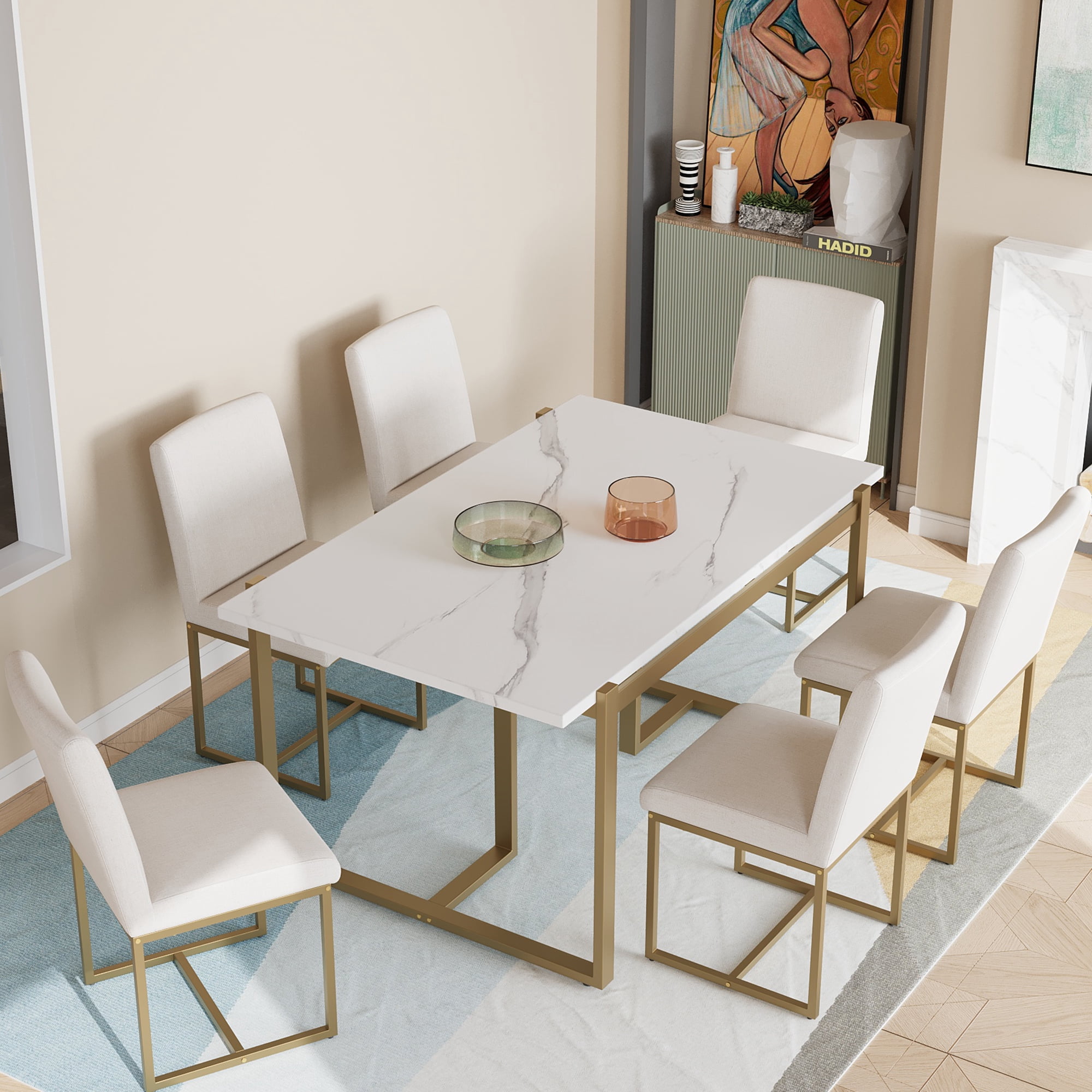 MAYEERTY Modern 7-Piece Dining Table Set with Faux Marble Table and 6 ...