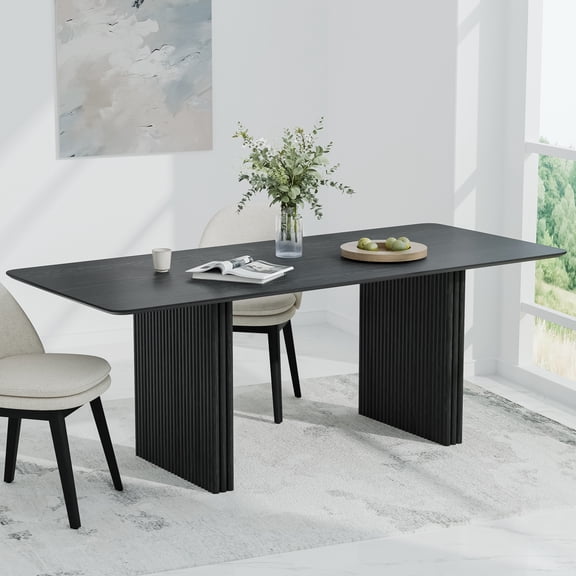 MAYEERTY Modern 79*33.5*30" Black Rectangular Dining Table with Fine - Striped Legs, Seats 8