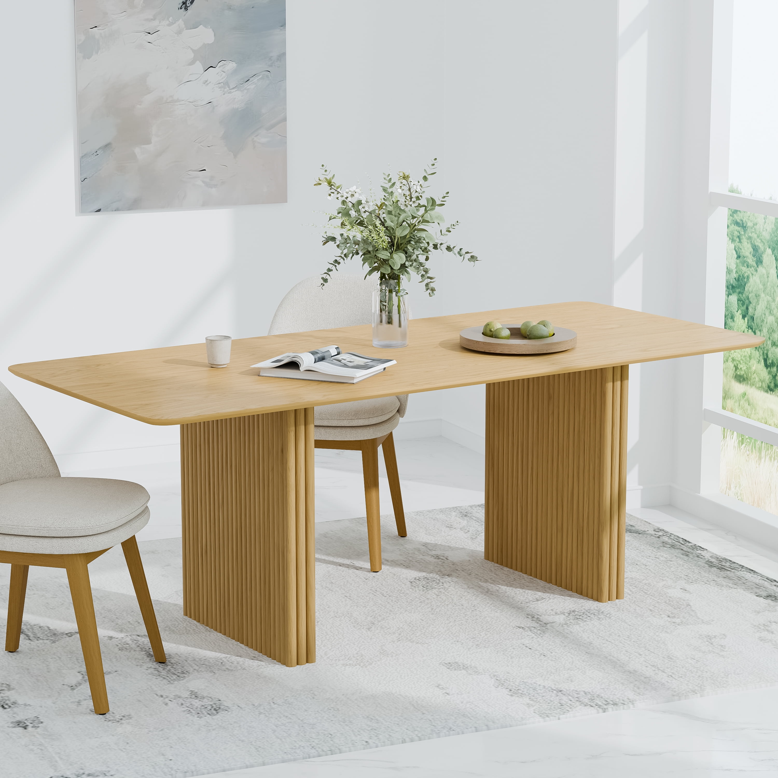 MAYEERTY Modern 79*33.5*30" Natural Wood Rectangular Dining Table with Fine - Striped Legs, Seats 8