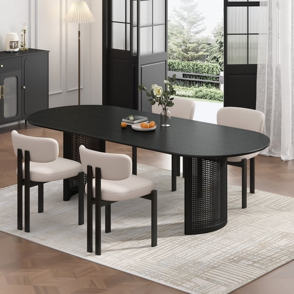 MAYEERTY Modern 79*33.5*30" Oval Black Dining Table with Arc - shaped Rattan Legs, Seats 6