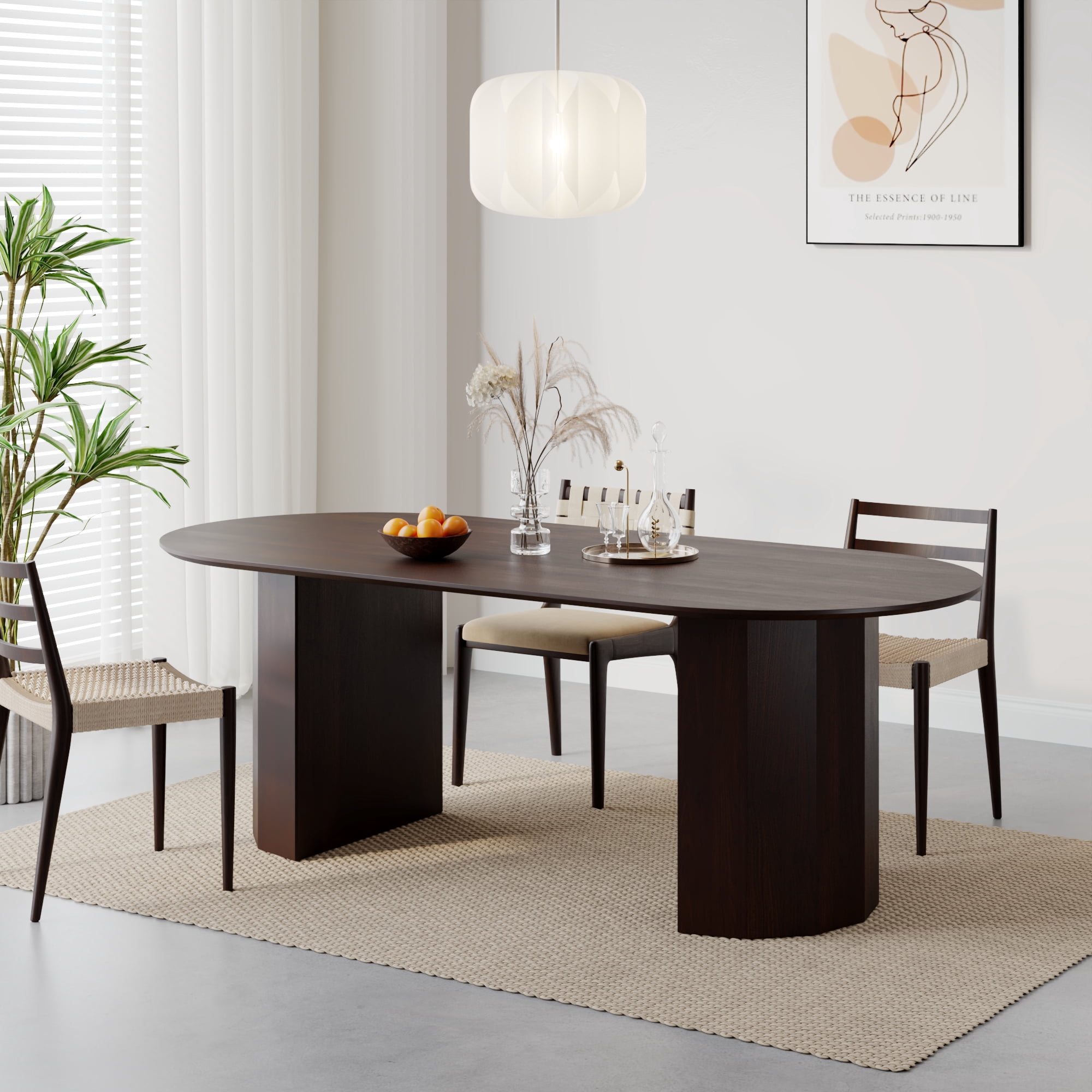 MAYEERTY Modern 79*33.5*30" Oval Walnut Dining Table with Beveled Edge Top & Polygonal Cylinder Split Base