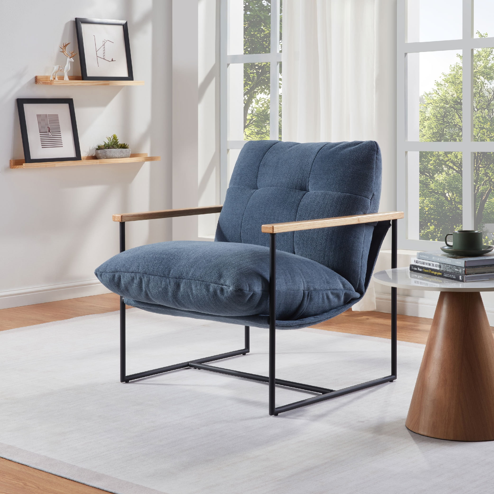 MAYEERTY Modern Accent Chair with Removable Cushion & Wood Armrests,Blue