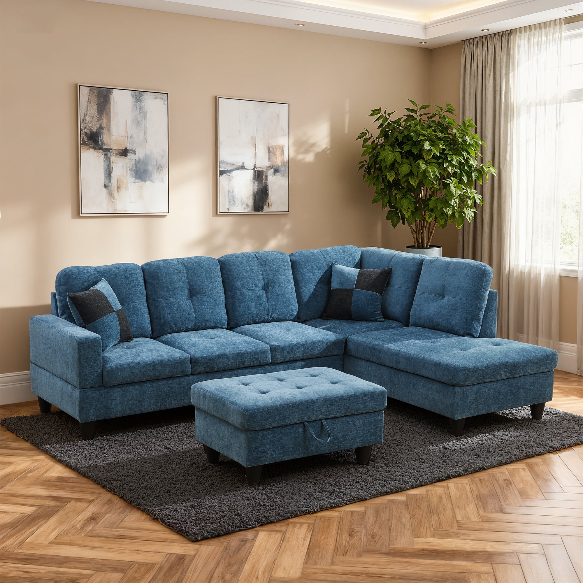 MAYEERTY 103.5 Inch Blue Flannel 3-Piece Living Room Sofa Set, Modern Soft Fabric Couch Furniture Set