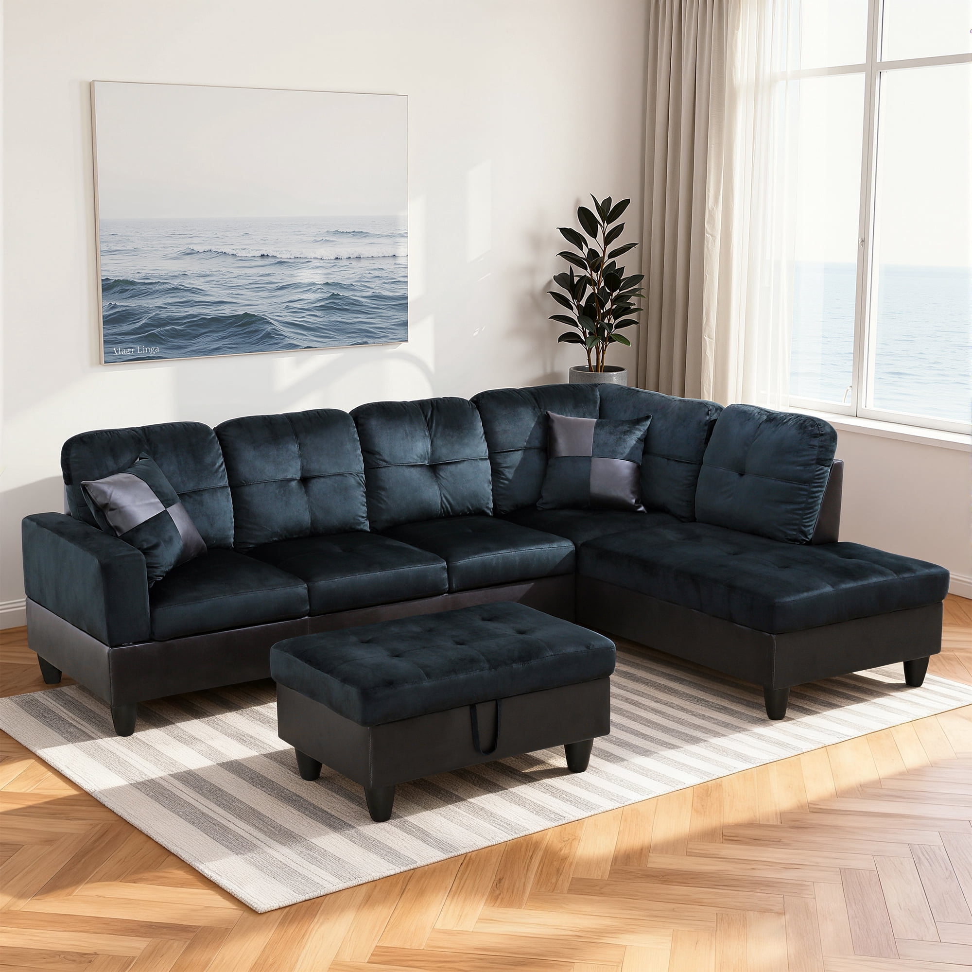 MAYEERTY Modern Adult 3-Piece Couch Living Room Sofa Set，Dark Blue And Brown