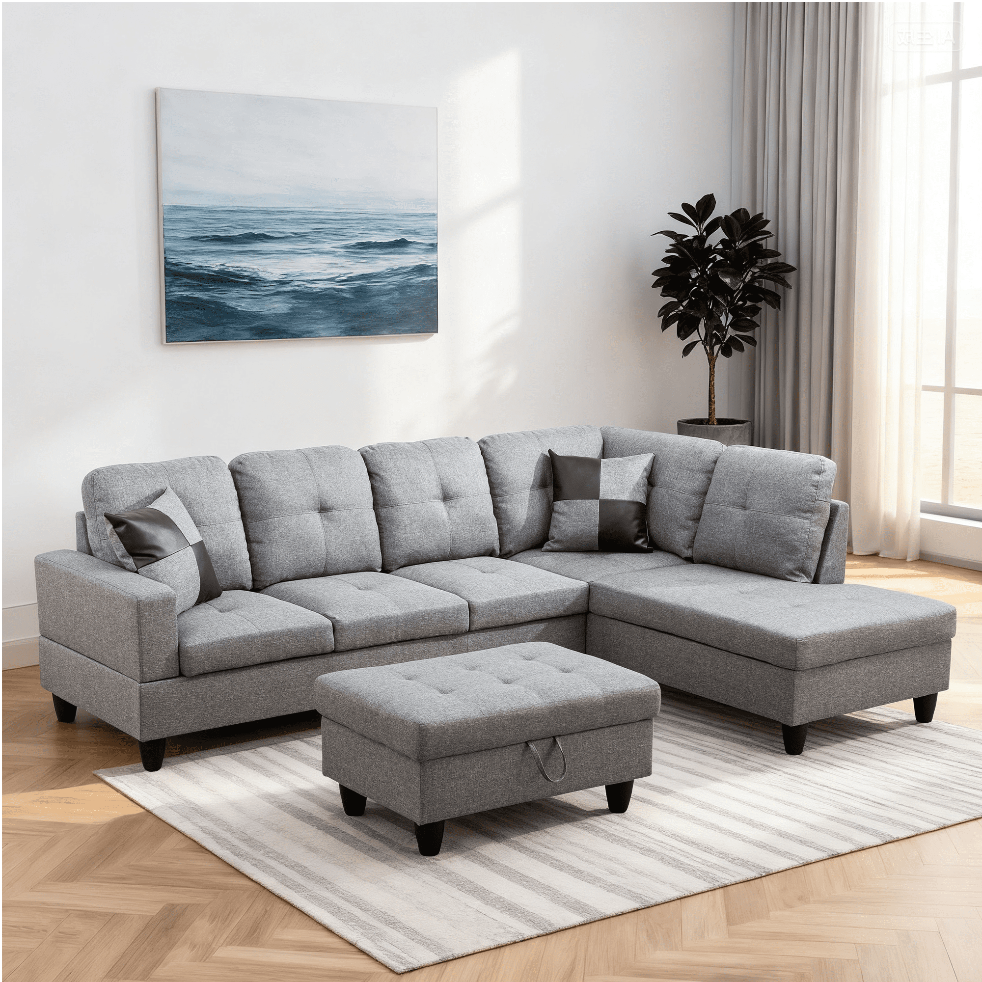 MAYEERTY Gray Linen 3PC Sectional Sofa Set, Reversible L Shape Tufted Couch with Storage Ottoman for Small Living Room