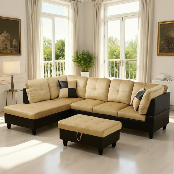 MAYEERTY Modern Adult Beige and Brown Lint And PVC 3-Piece Couch Living Room Sofa Set