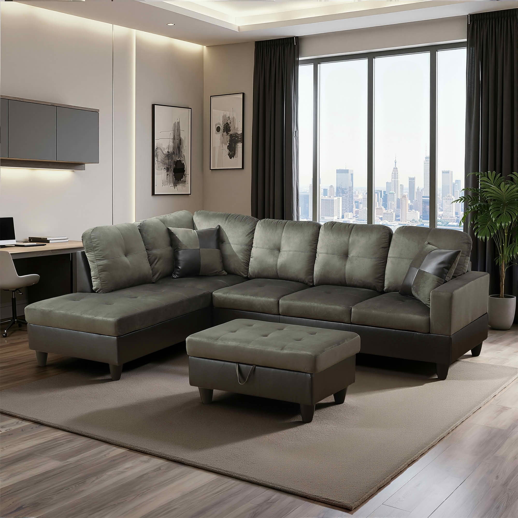 MAYEERTY 103.5" Taupe Flannel & PVC Faux Leather L-Shaped Sectional Sofa, 3 Piece Tufted Corner Couch with Storage Ottoman Solid Wood Frame