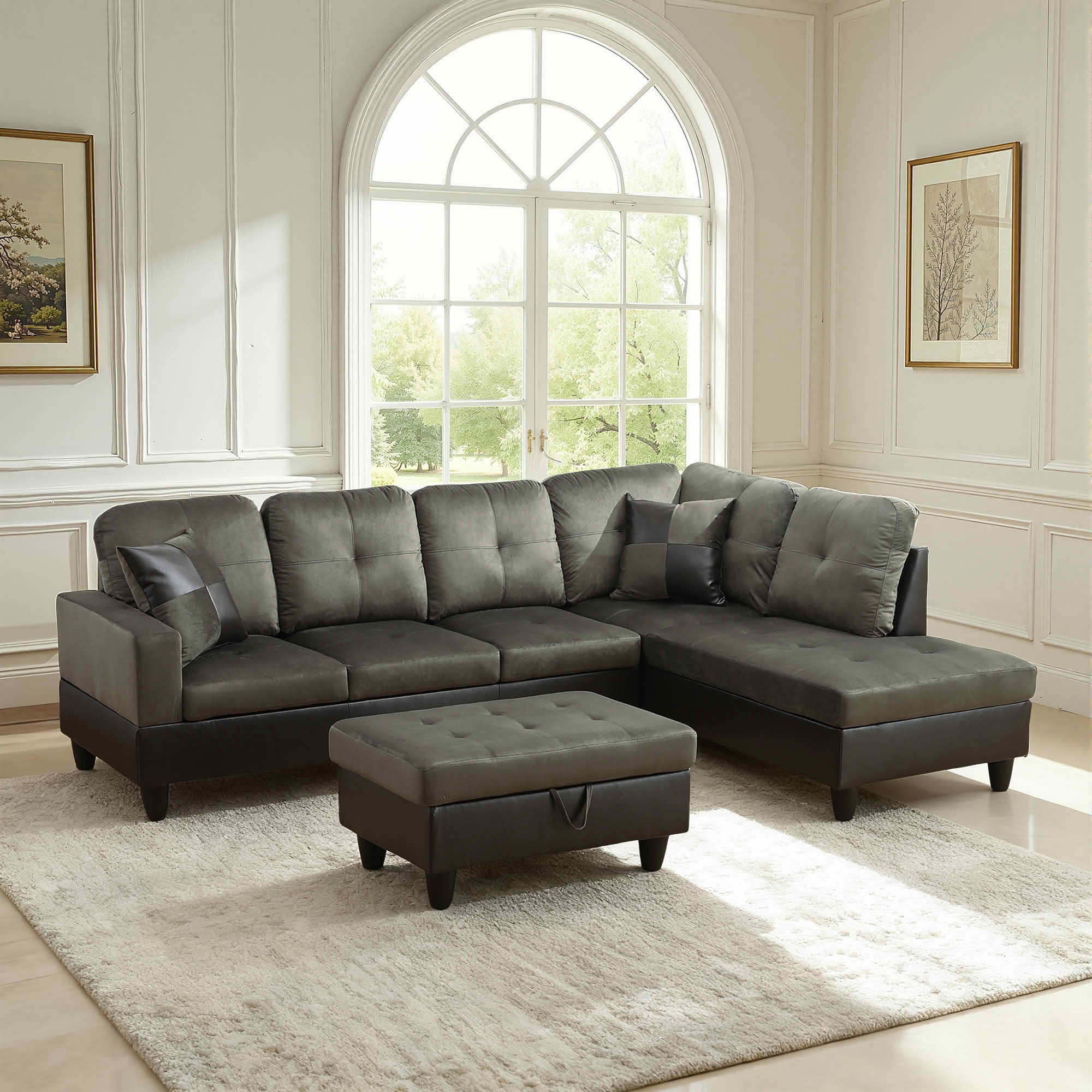 MAYEERTY 103.5" Taupe Flannel & PVC Faux Leather L-Shaped Sectional Sofa, 3 Piece Tufted Corner Couch with Storage Ottoman Solid Wood Frame
