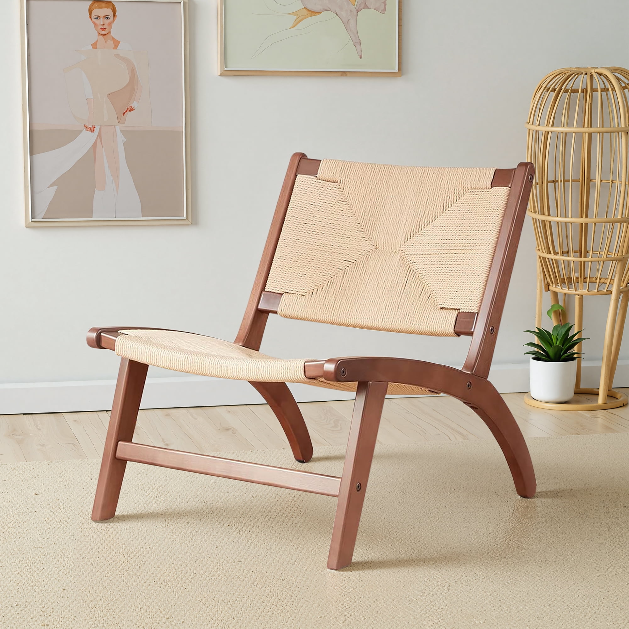 MAYEERTY Modern Boho Accent Chair, Scandinavian Beech Wood, Braided Jute Woven Seat & Back, Light Amber-Beige