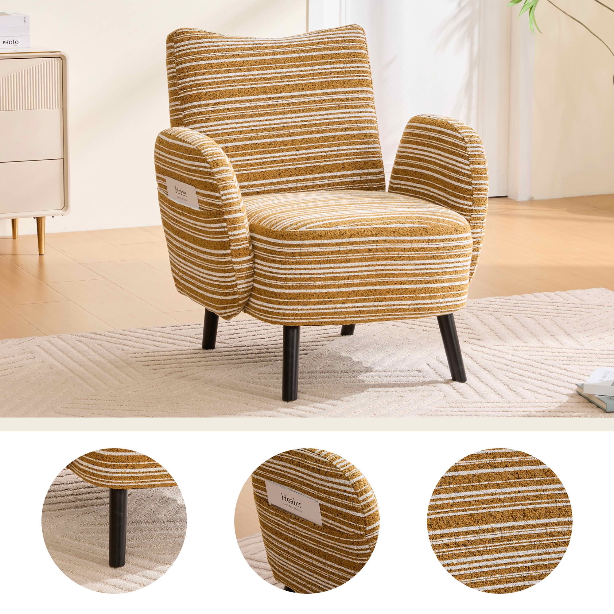 MAYEERTY Modern Boucle Armchair with Side Pocket & Wood Legs, Mustard yellow, for Living Room Bedroom Office