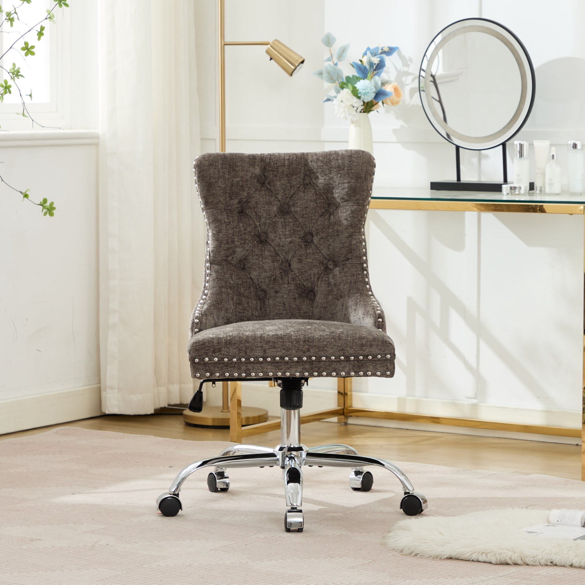 MAYEERTY Modern Chenille Office Chair - Tufted Buttons, Chrome Metal Base, Adjustable Swivel, Gray