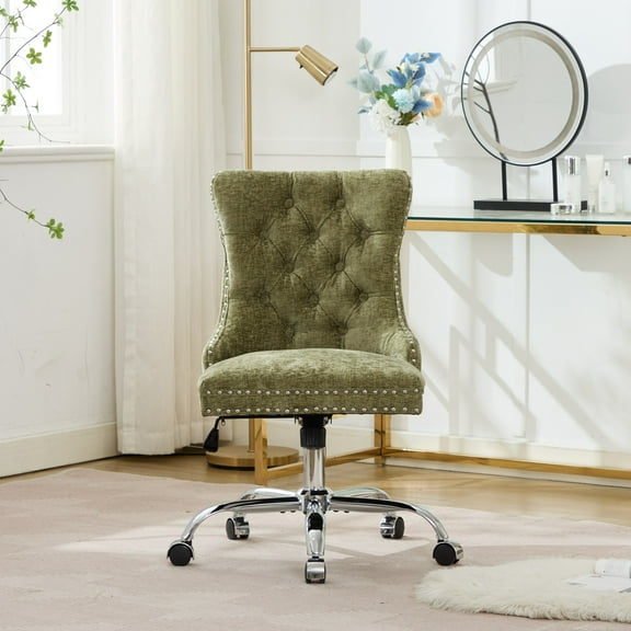 MAYEERTY Modern Chenille Office Chair - Tufted Buttons, Chrome Metal Base, Adjustable Swivel, Green