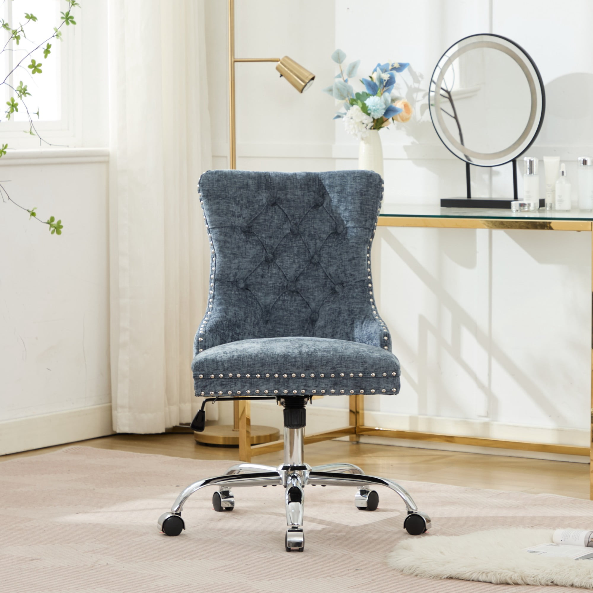 MAYEERTY Modern Chenille Office Chair - Tufted Buttons, Chrome Metal Base, Adjustable Swivel, Light Blue