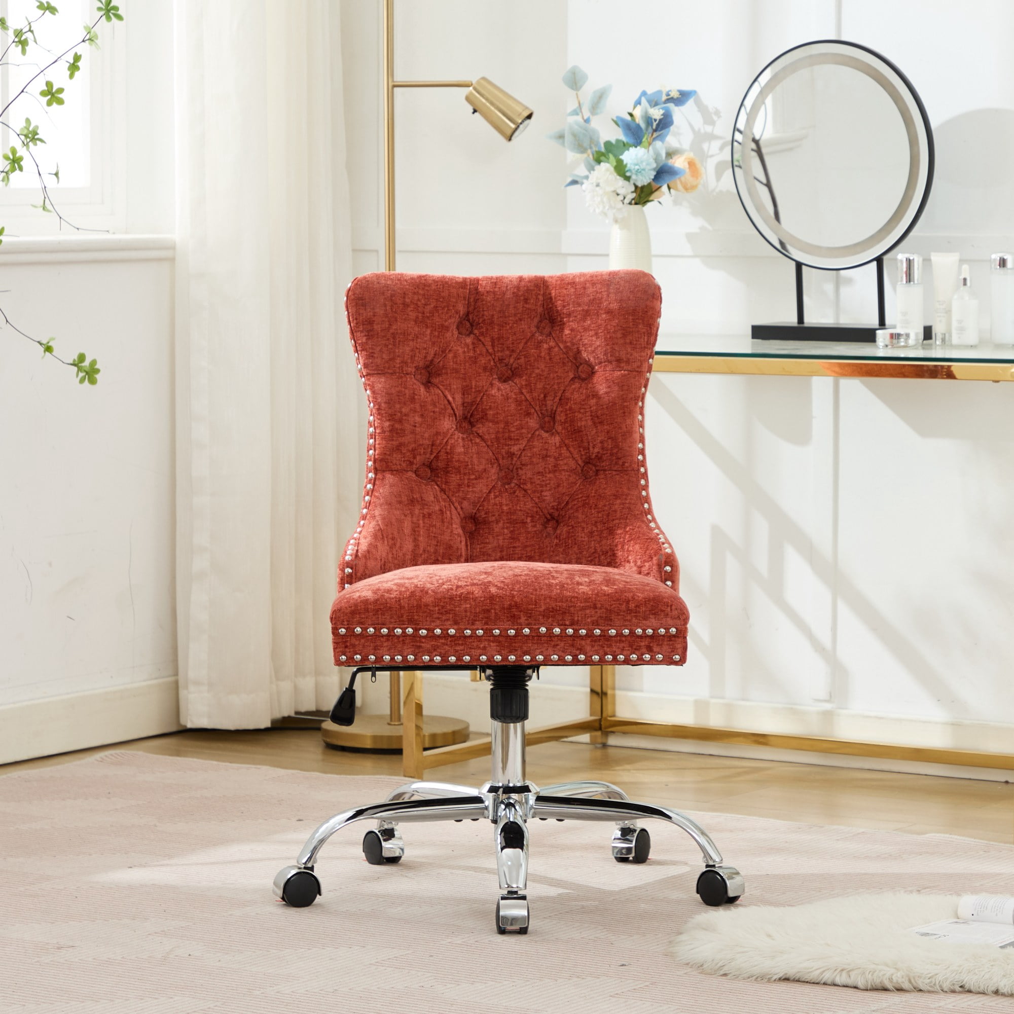 MAYEERTY Modern Chenille Office Chair - Tufted Buttons, Chrome Metal Base, Adjustable Swivel, Orange