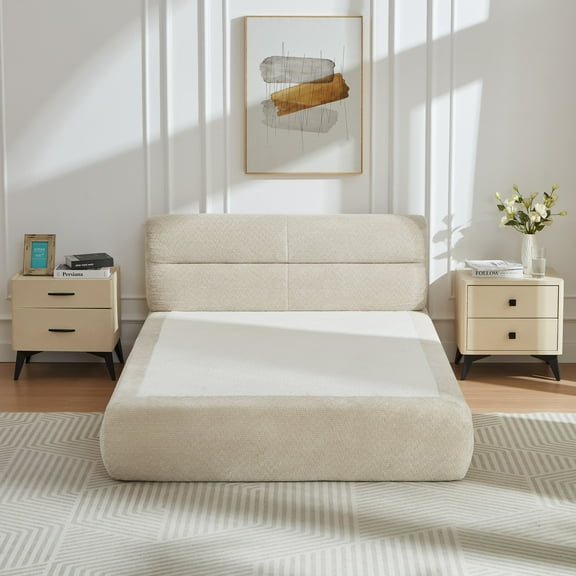 MAYEERTY Modern Chenille Sofa Bed with Compressible Spring Cushion for Bedroom & Apartment, 87×57"Khaki