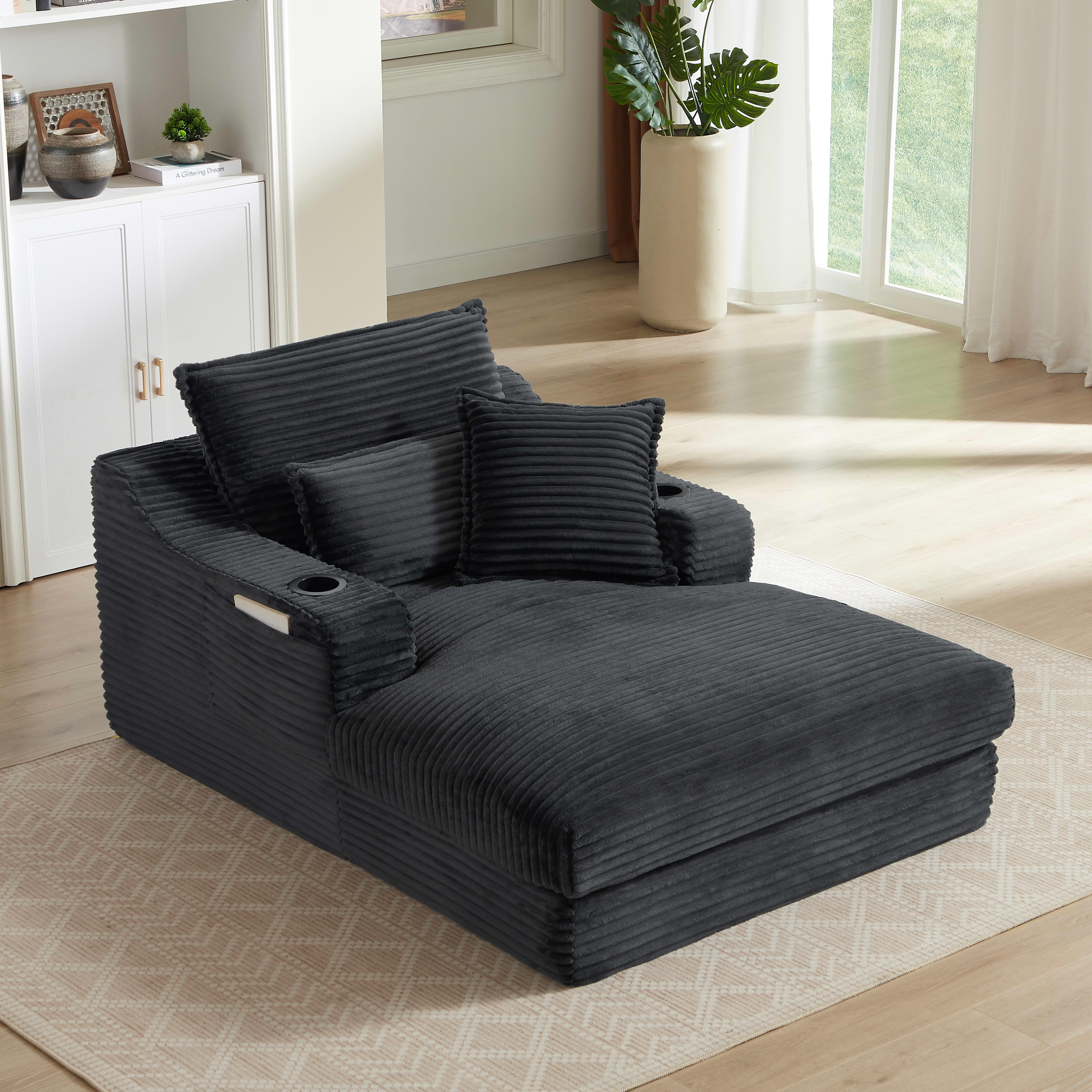 MAYEERTY Modern Compression Lounge Chair, Soft Corduroy Chaise Sofa with Cup Holders for Living Room, 47" Dark Gray