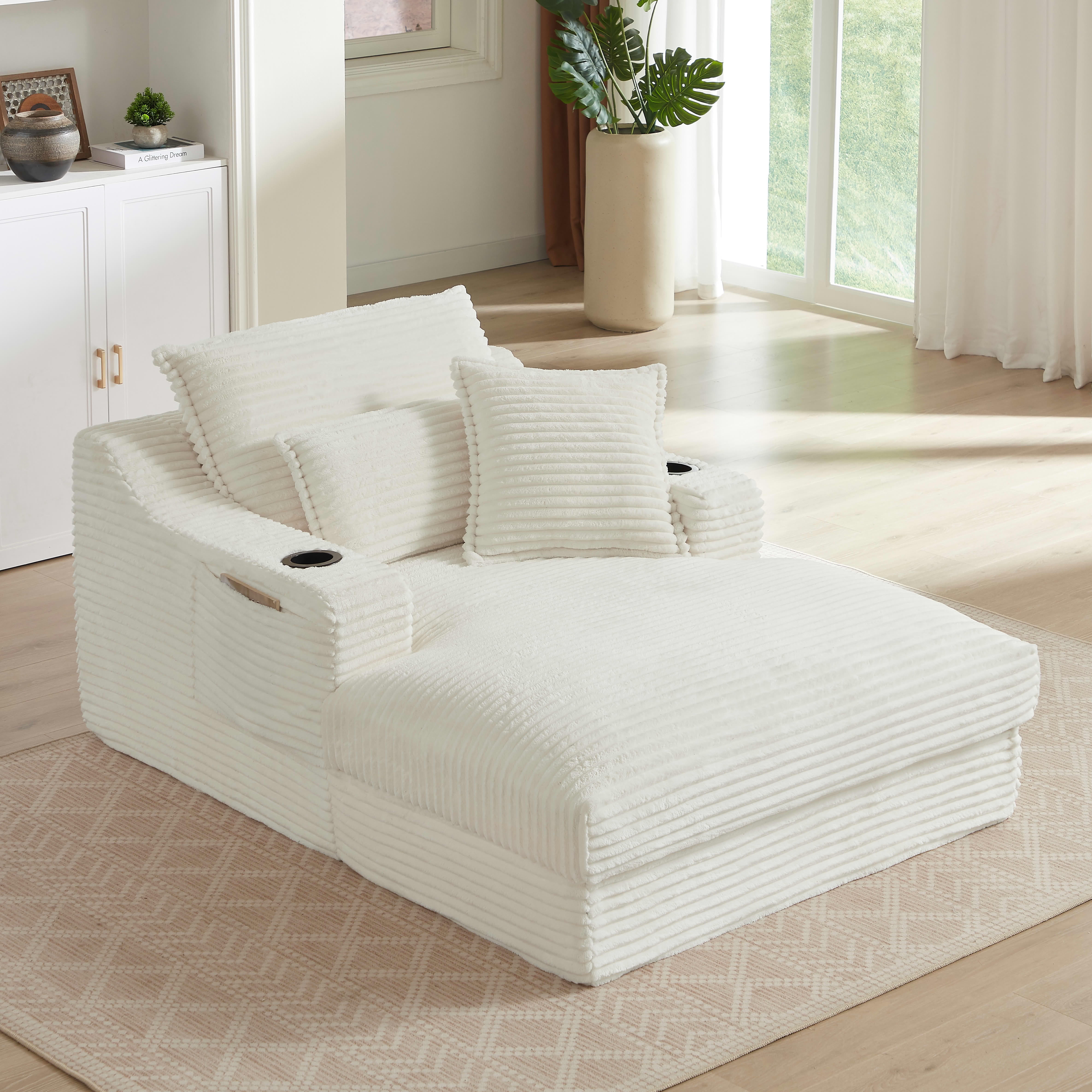 MAYEERTY Modern Compression Lounge Chair, Soft Corduroy Chaise Sofa with Cup Holders for Living Room, 47" White
