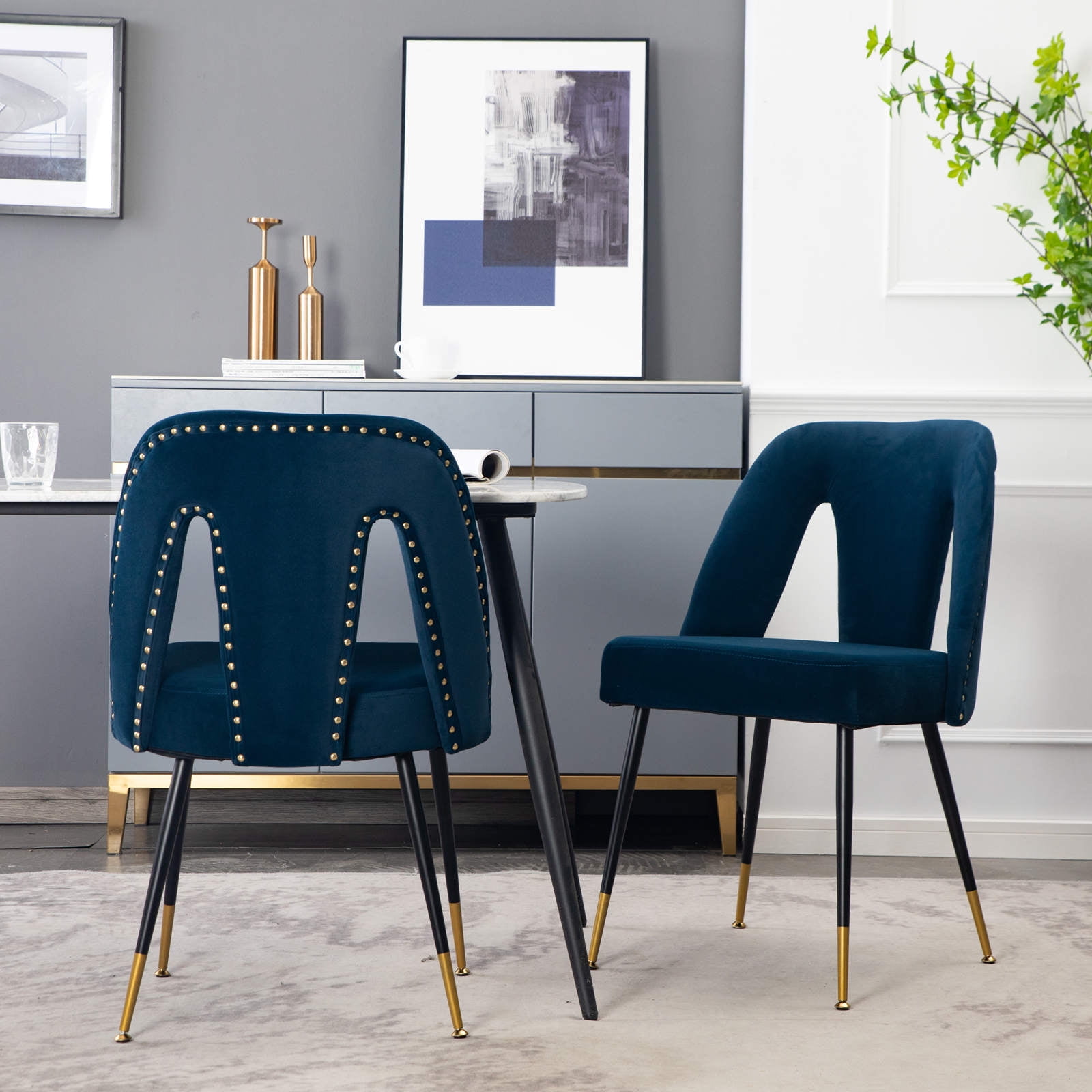 MAYEERTY Modern Contemporary Velvet Dining Chair - Nailheads, Gold-Tipped Black Metal Legs, Blue, Set of 2