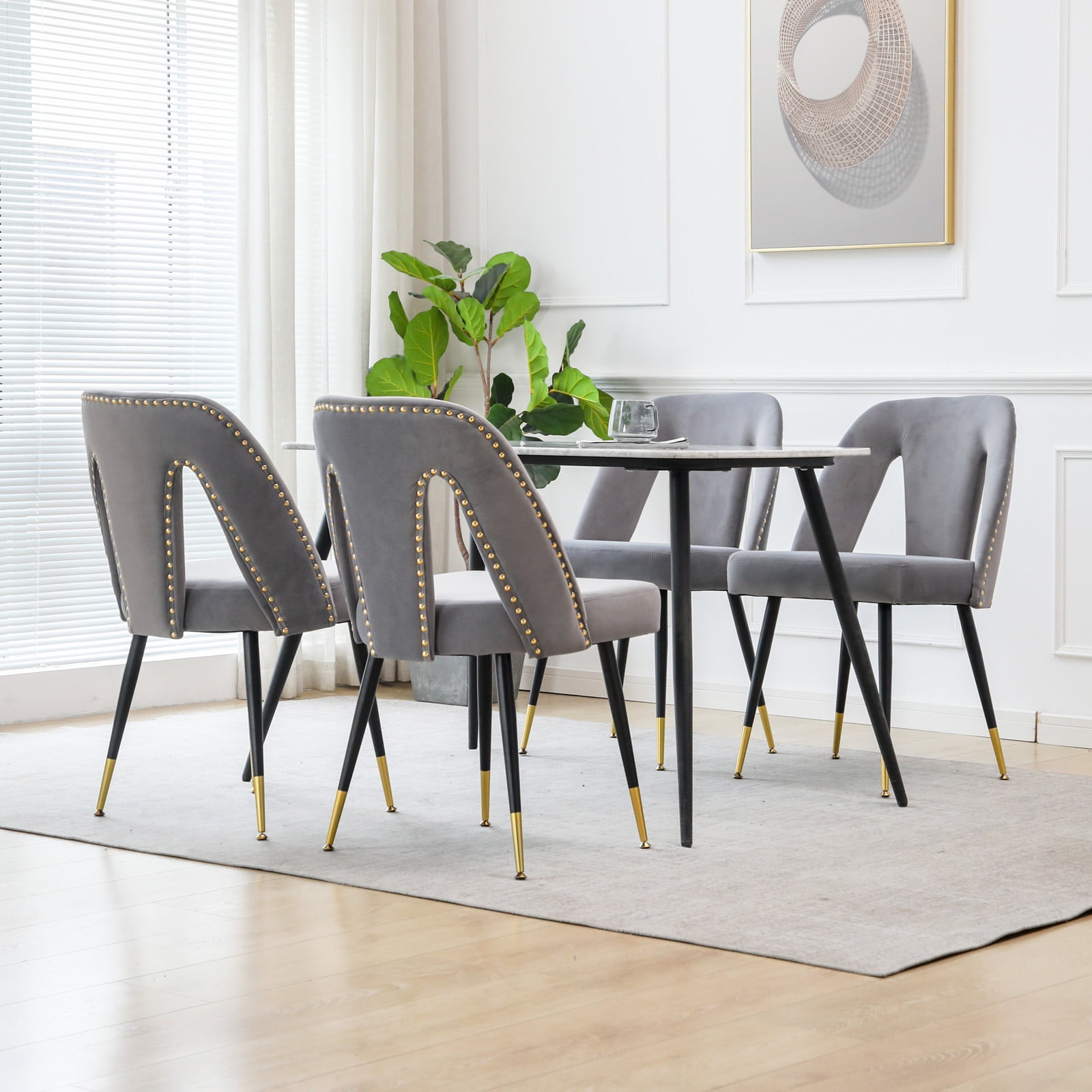 MAYEERTY Modern Contemporary Velvet Dining Chair - Nailheads, Gold-Tipped Black Metal Legs, Gray, Set of 2