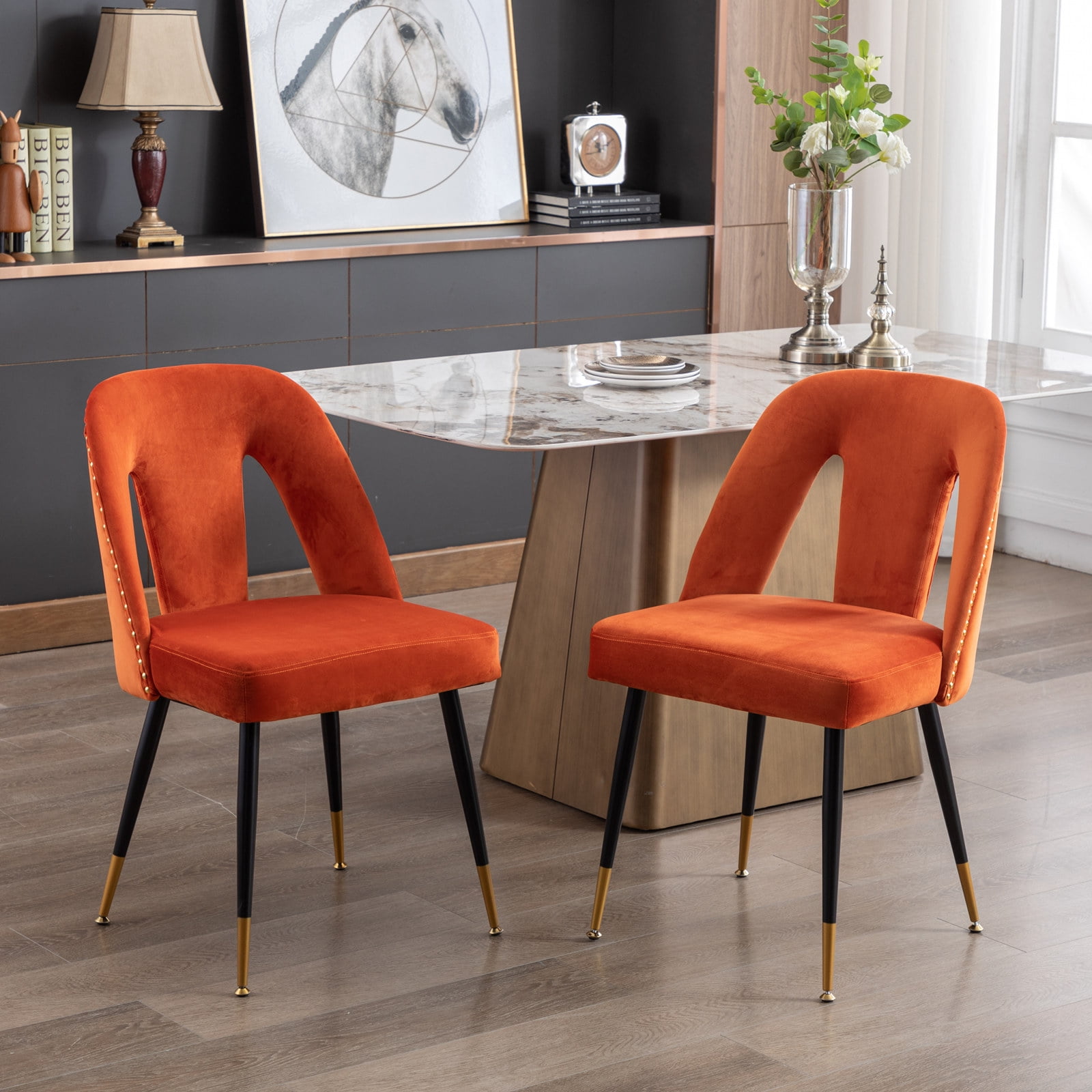 MAYEERTY Modern Contemporary Velvet Dining Chair - Nailheads, Gold-Tipped Black Metal Legs, Orange, Set of 2