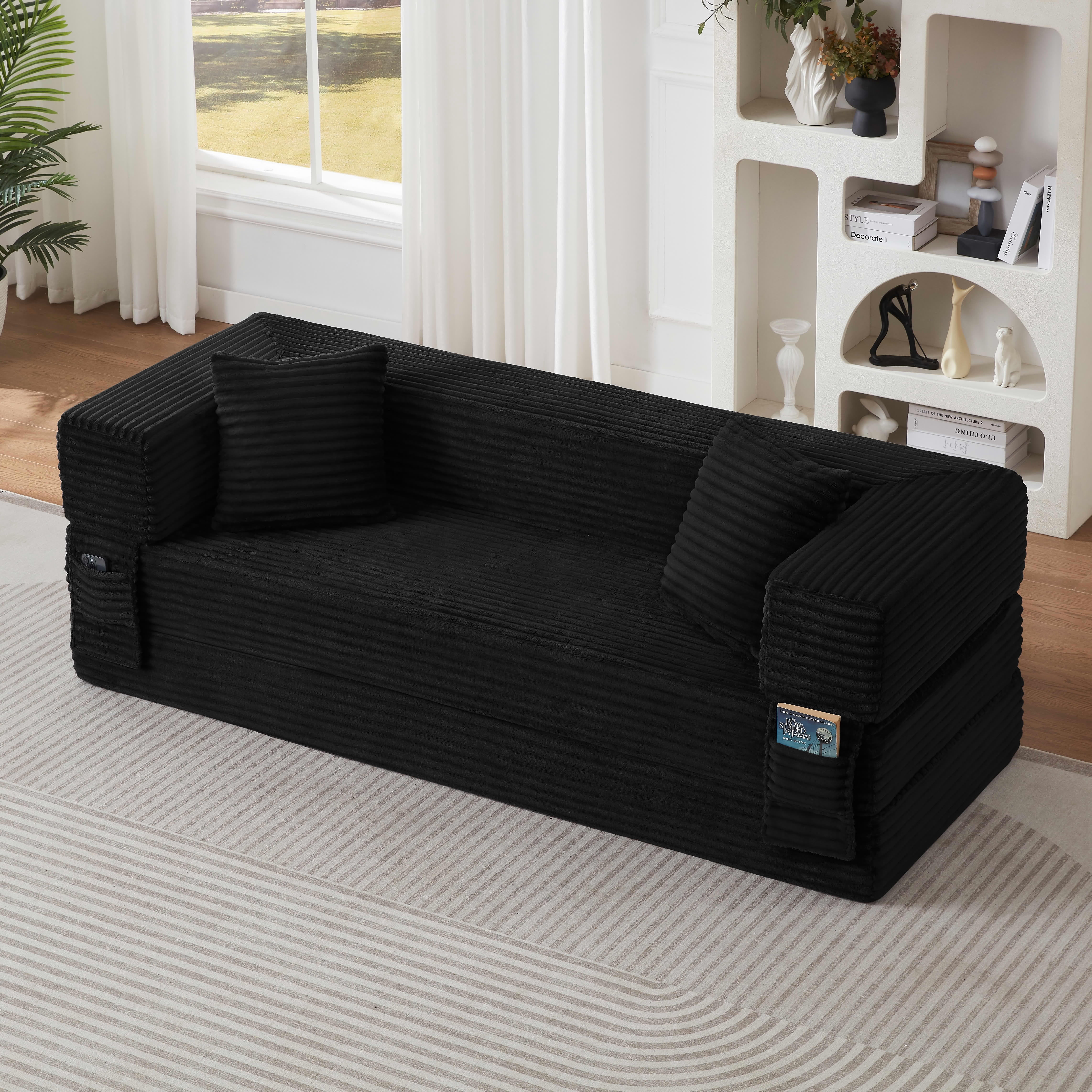 MAYEERTY Modern Convertible Corduroy Sofa Bed, 2-Tier Square Design, High-Density Foam for Small Spaces