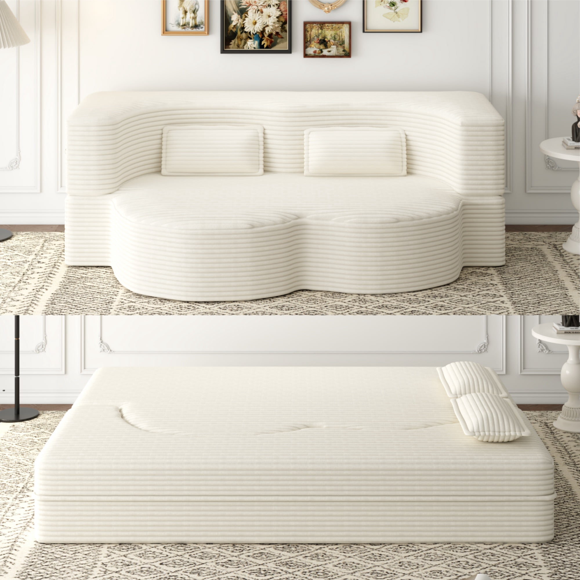 MAYEERTY Vacuum Compressed Corduroy Foldable Foam Sofa Bed, Full Size Zero Assembly Floor Sleeper with 2 Pillows