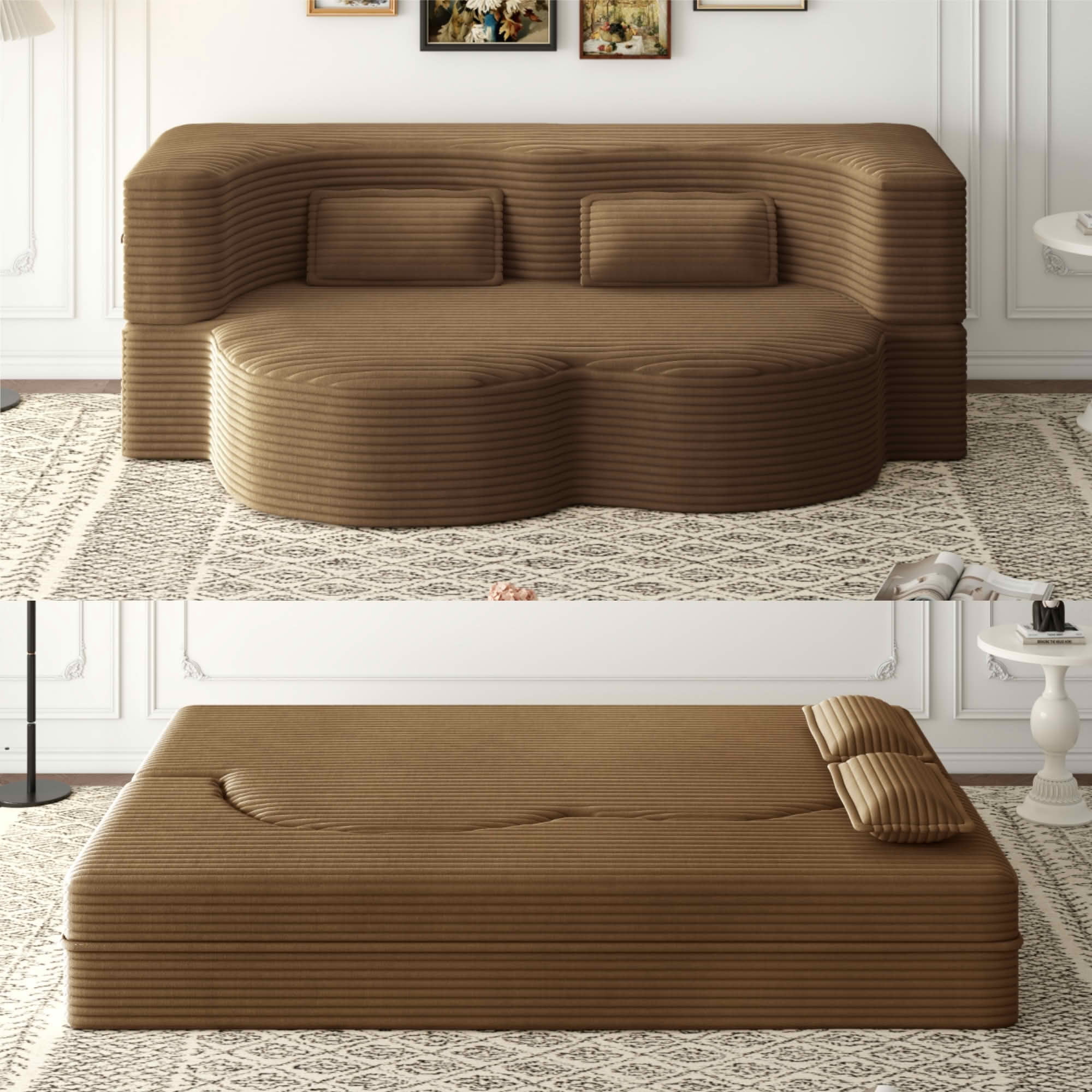 MAYEERTY Vacuum Compressed Corduroy Foldable Foam Sofa Bed, Full Size Zero Assembly Floor Sleeper with 2 Pillows