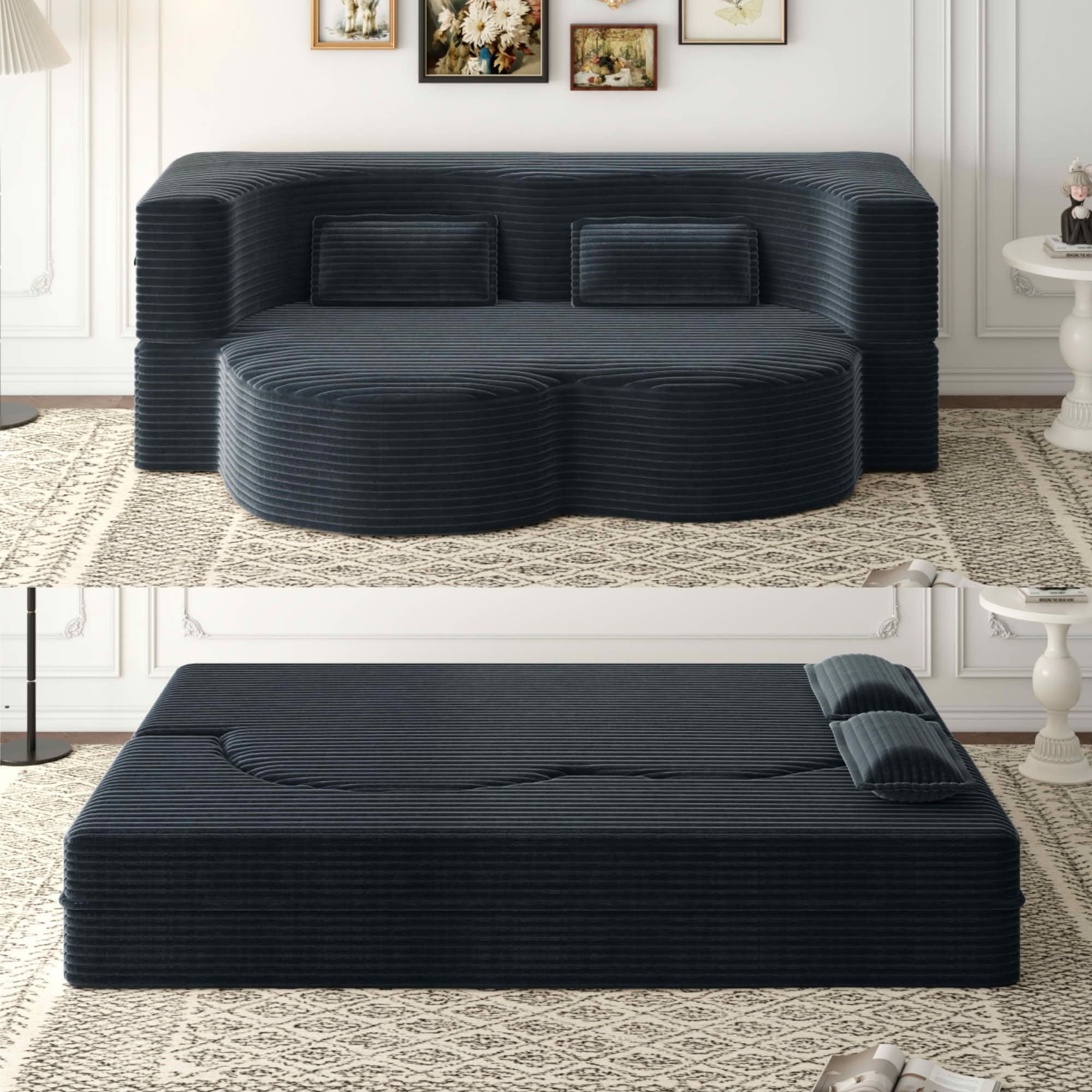 MAYEERTY Vacuum Compressed Corduroy Foldable Foam Sofa Bed, Full Size Zero Assembly Floor Sleeper with 2 Pillows