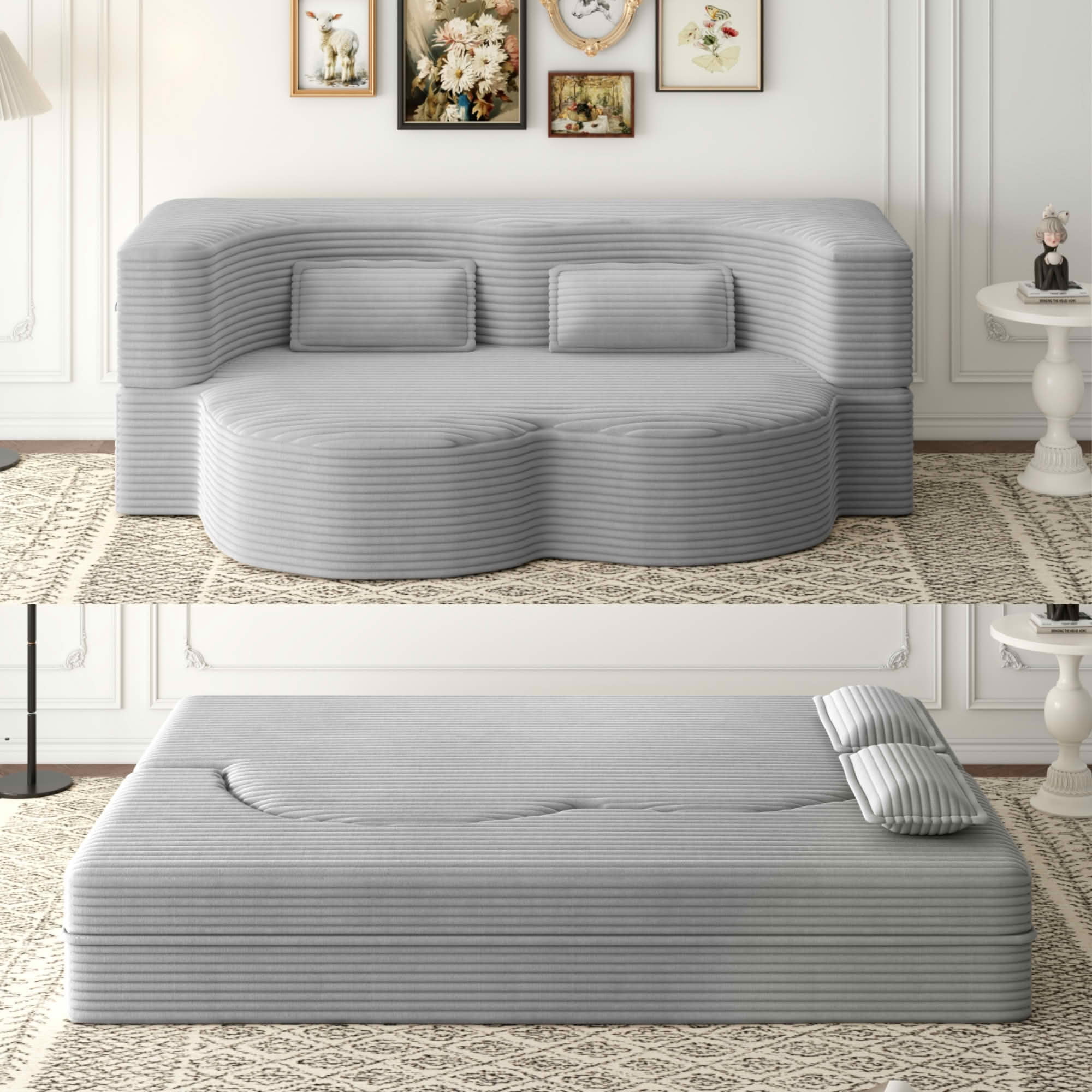 MAYEERTY Vacuum Compressed Corduroy Foldable Foam Sofa Bed, Full Size Zero Assembly Floor Sleeper with 2 Pillows