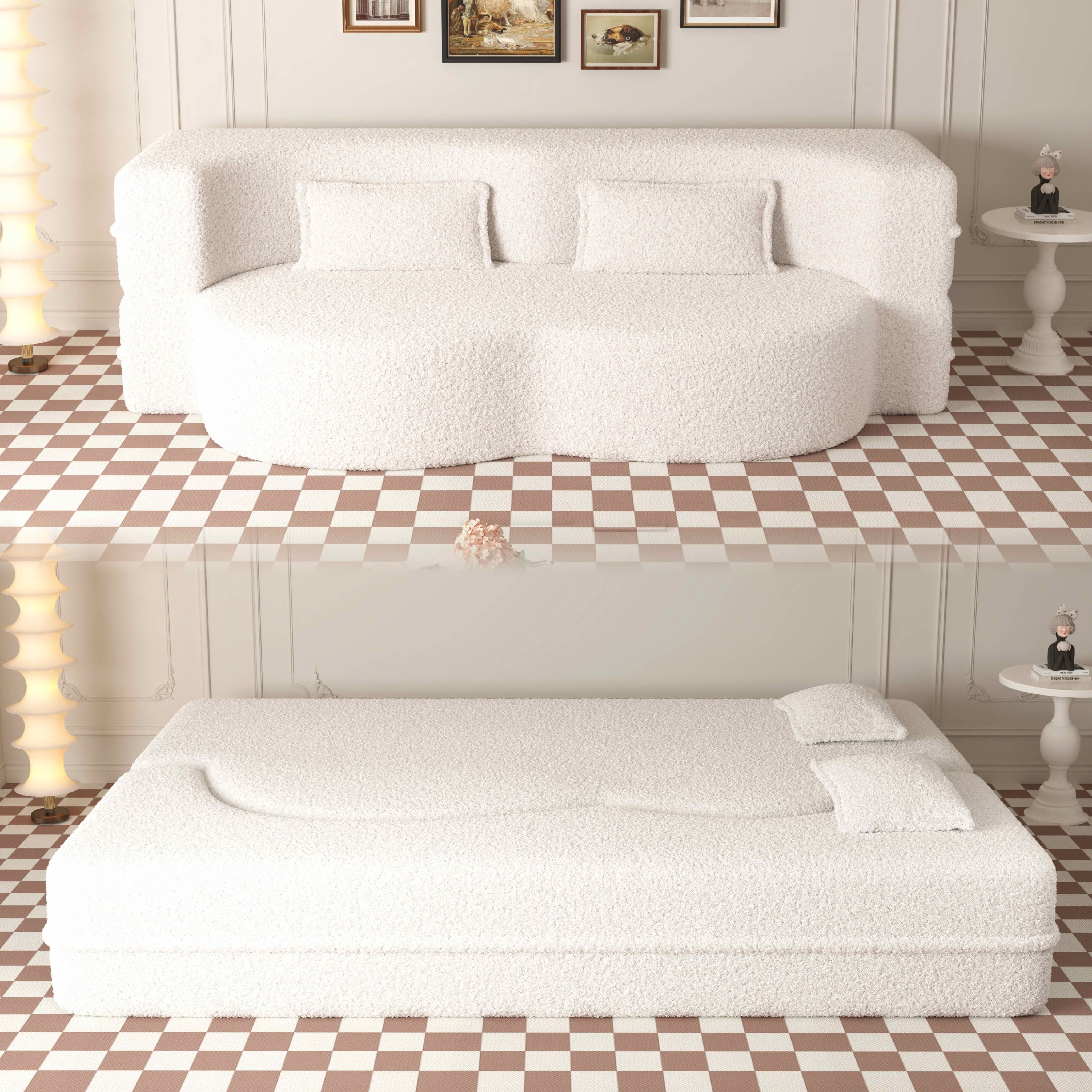 MAYEERTY Sherpa Floor Sofa Bed, Full Size Foldable Foam Sleeper Mattress with 2 Pillows, Zero Assembly Space Saving Guest Bed