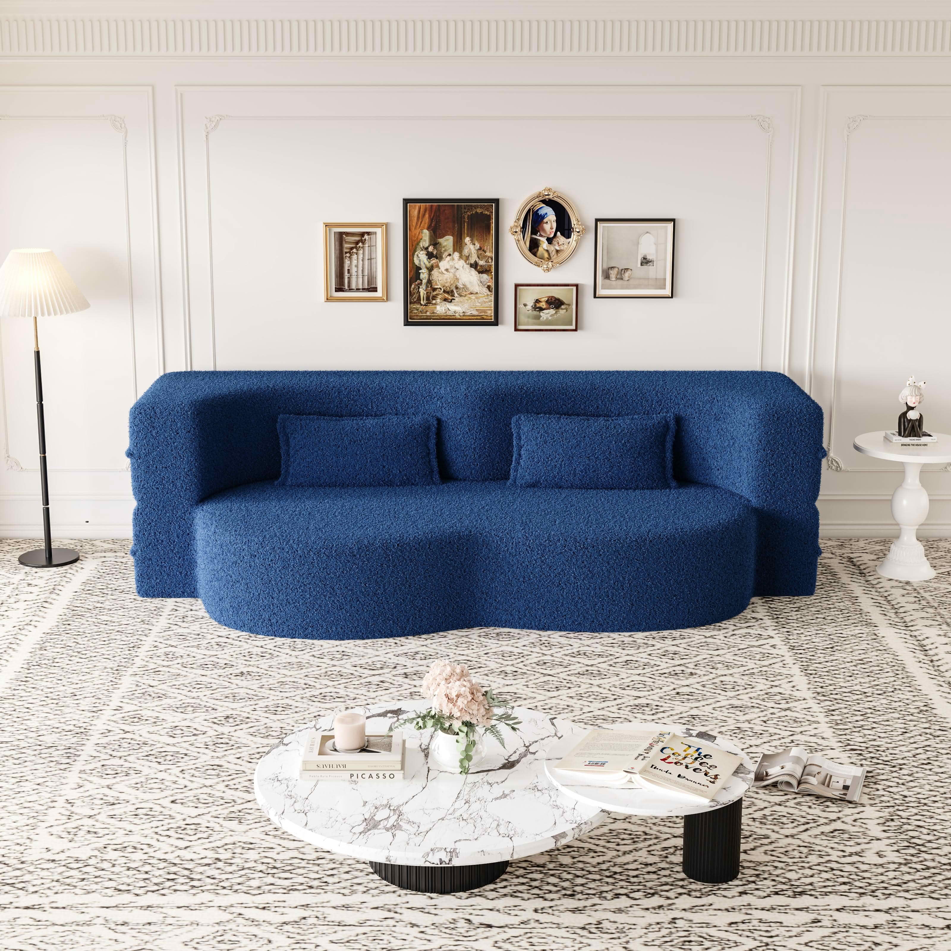 MAYEERTY Sherpa Floor Sofa Bed, Full Size Foldable Foam Sleeper Mattress with 2 Pillows, Zero Assembly Space Saving Guest Bed