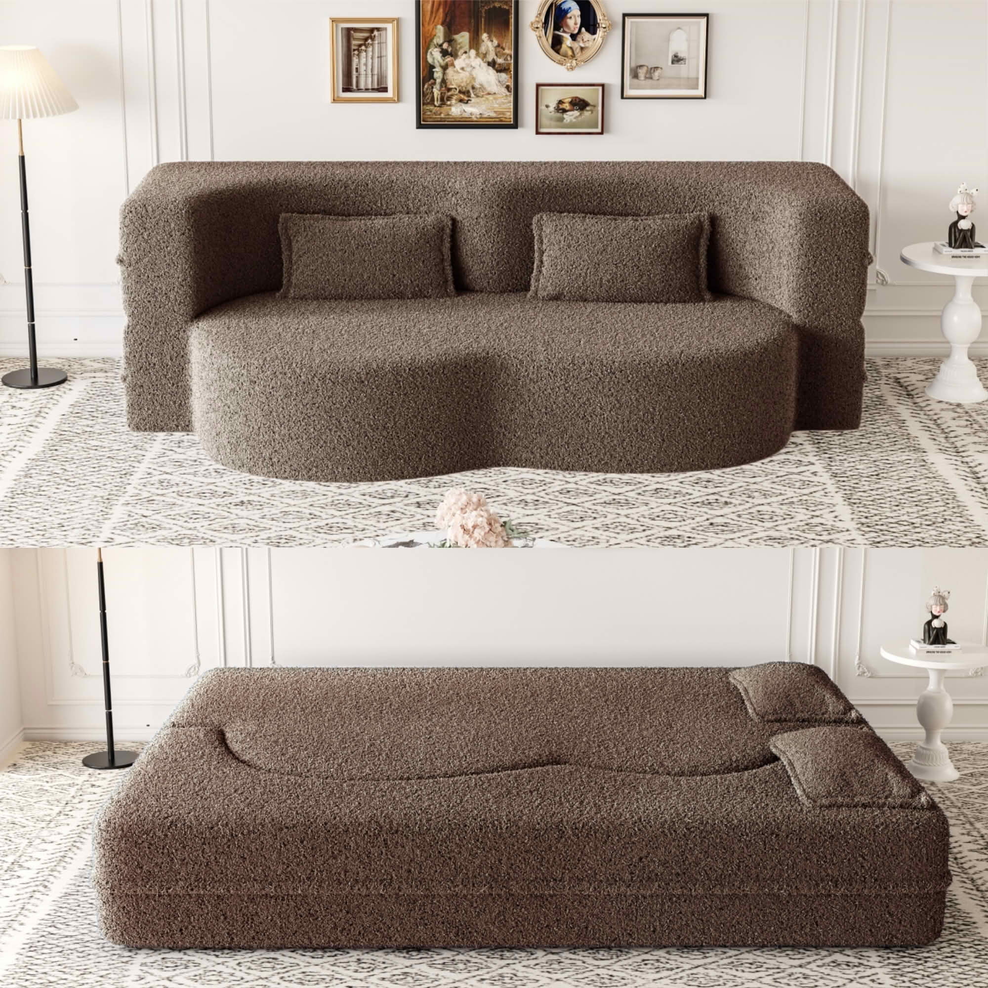 MAYEERTY Sherpa Floor Sofa Bed, Full Size Foldable Foam Sleeper Mattress with 2 Pillows, Zero Assembly Space Saving Guest Bed